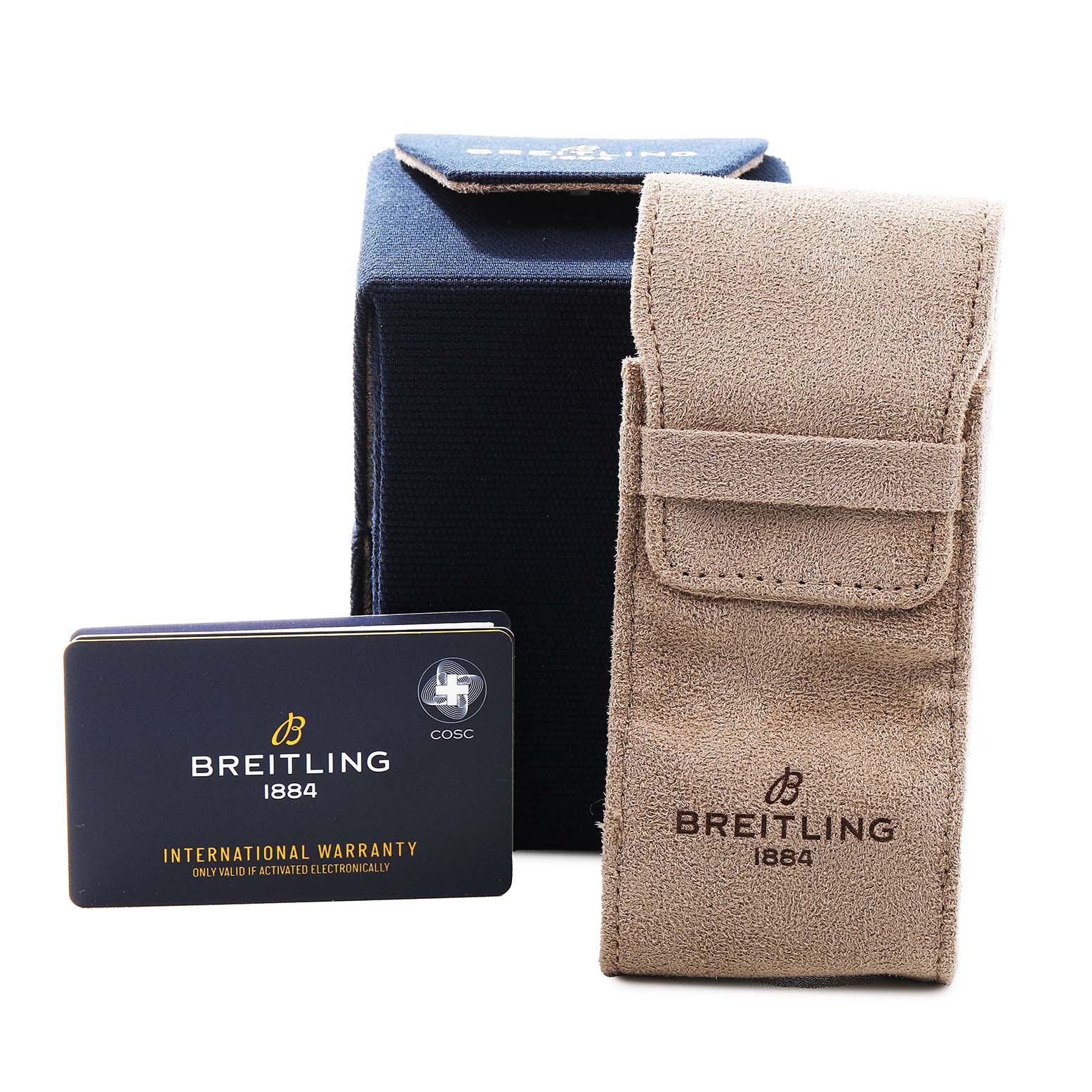 The image shows a Breitling Superocean U13313121B1A1 Men's Stainless Steel Black Dial model's warranty card, pouch, and box accessories from a front angle.