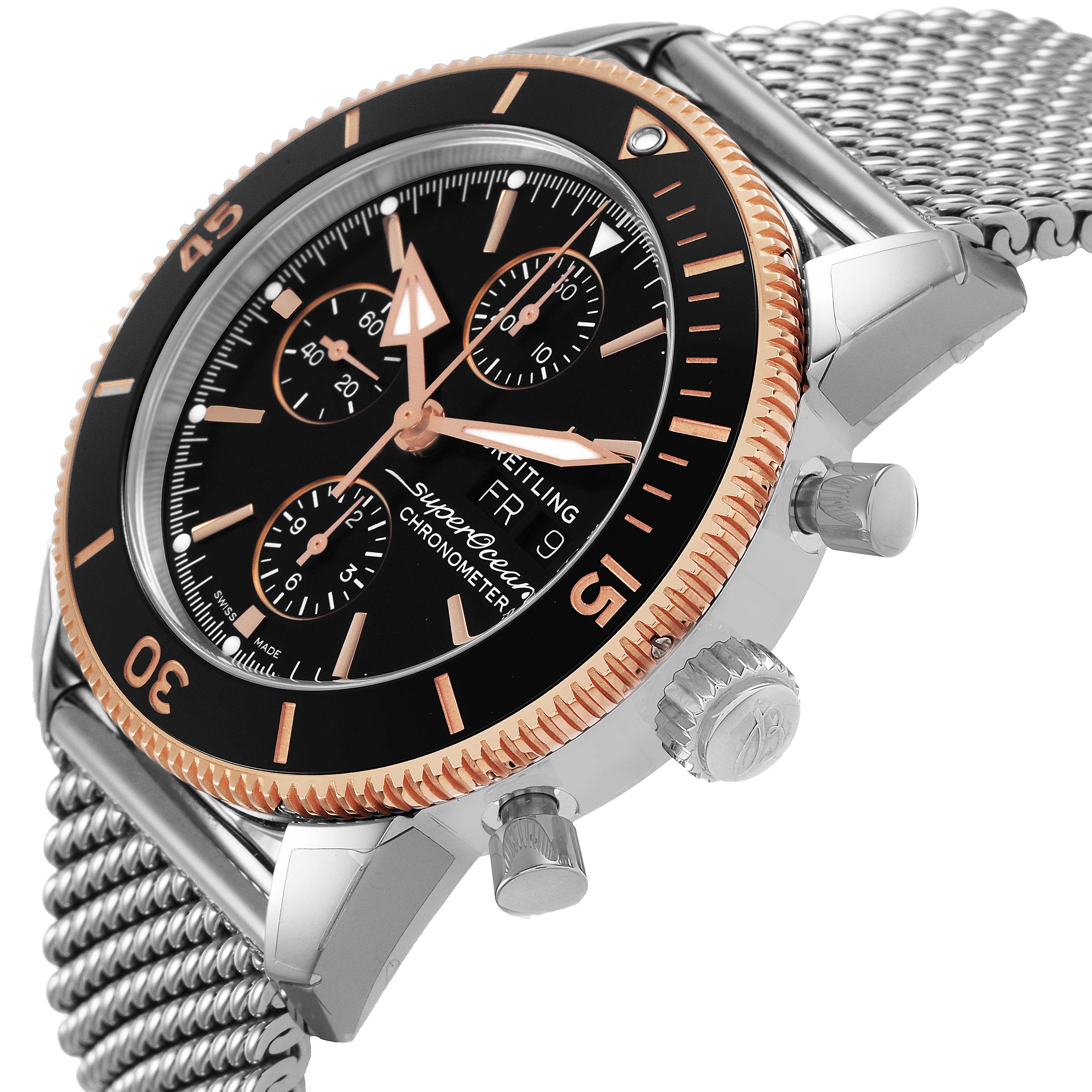 The Breitling Superocean U13313121B1A1 Men's Stainless Steel Black Dial watch is shown from an angled side view, highlighting its crown, pushers, and bezel.