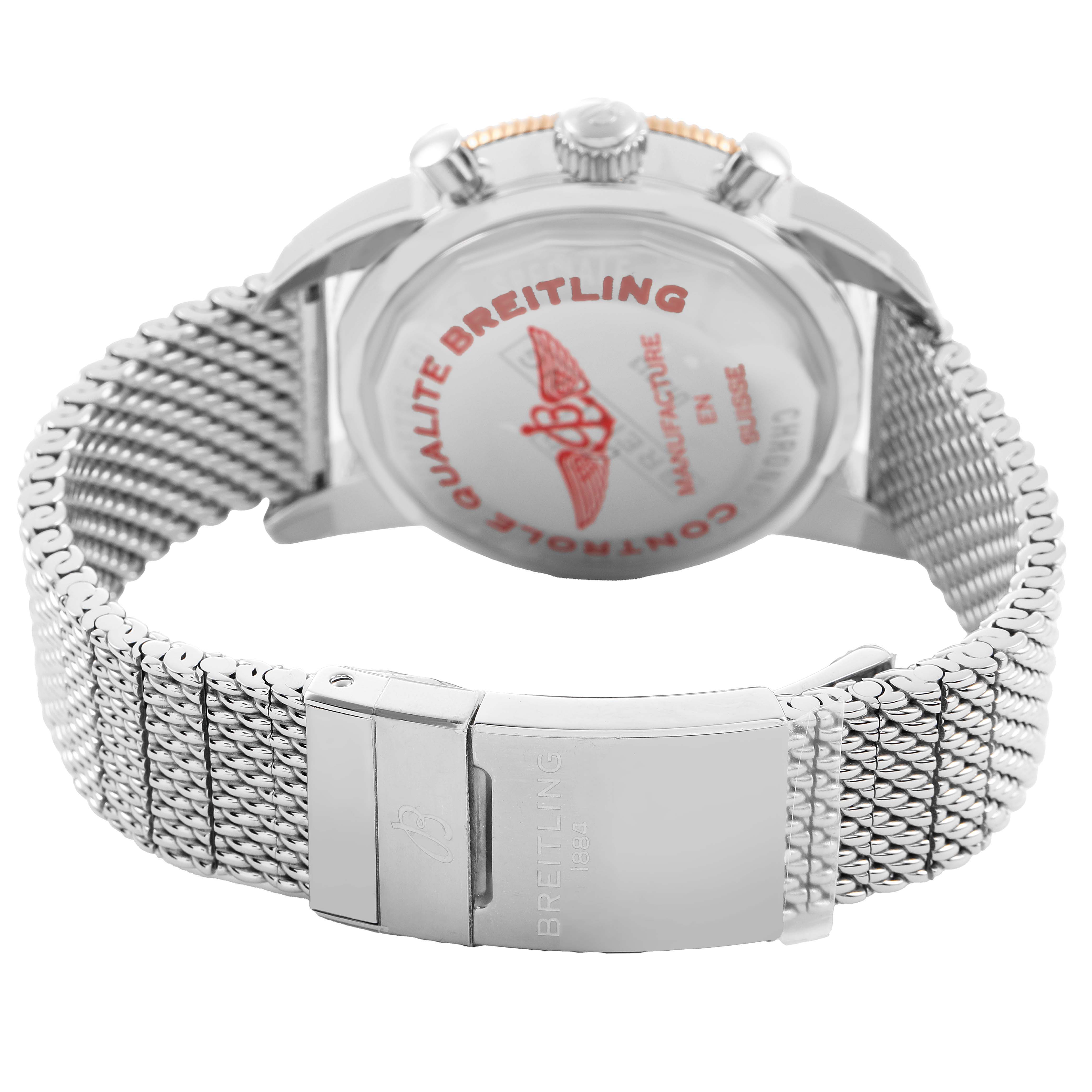 The image shows the back case and clasp of the Breitling Superocean U13313121B1A1 Men's Stainless Steel Black Dial, highlighting the mesh bracelet design.