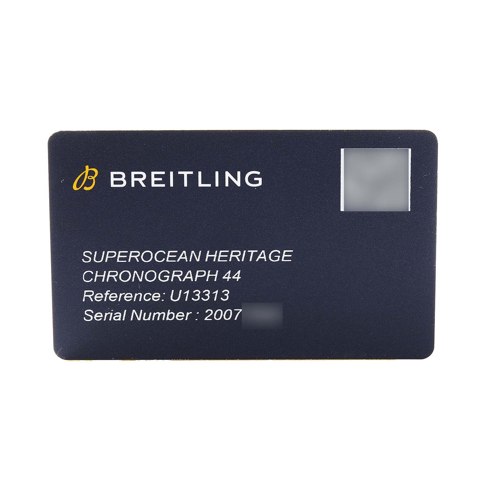 This image shows a Breitling Superocean U13313121B1A1 Men's Stainless Steel Black Dial Heritage Chronograph 44 warranty card, displaying the reference and serial number.