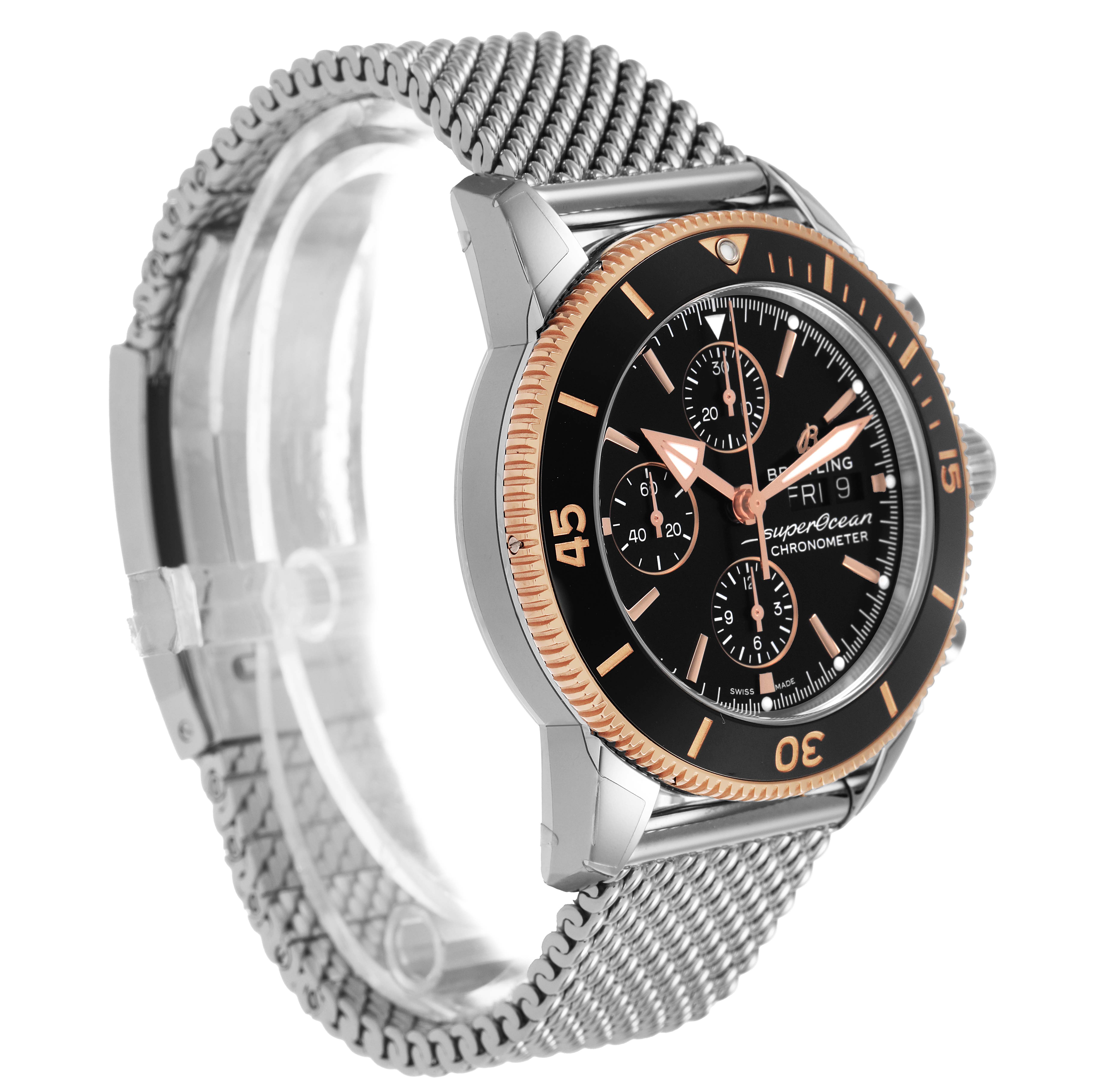The image shows a Breitling Superocean U13313121B1A1 Men's Stainless Steel Black Dial watch at a three-quarter angle, highlighting the face, bezel, and mesh bracelet.