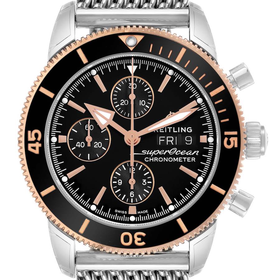 The Breitling Superocean U13313121B1A1 Men's Stainless Steel Black Dial watch is shown from the front, displaying the bezel, dial, chronograph subdials, and bracelet.