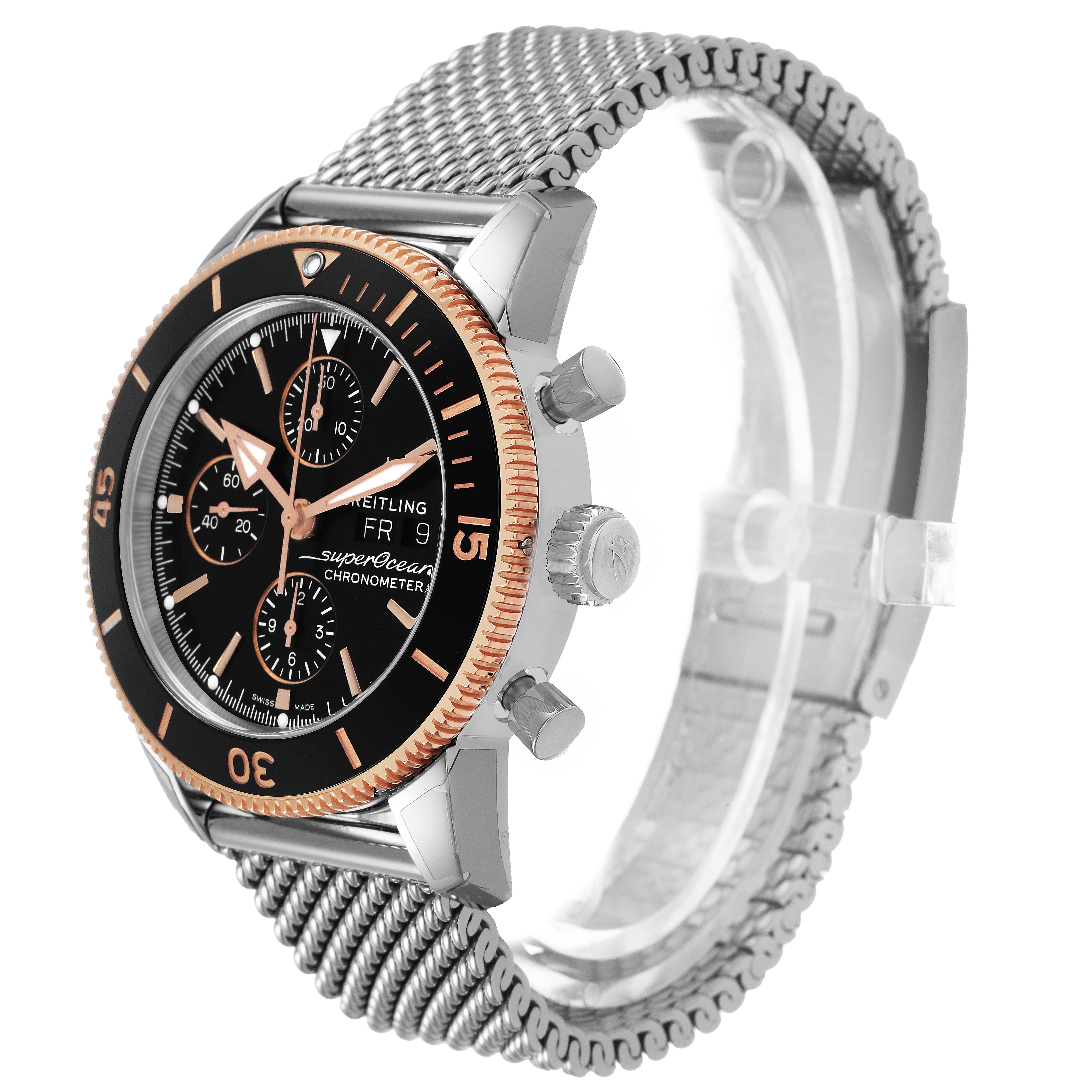 The Breitling Superocean U13313121B1A1 Men's Stainless Steel Black Dial watch is shown at a three-quarter angle, displaying the face, bezel, crown, pushers, and mesh bracelet.