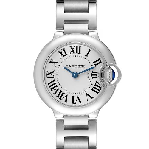 The image shows a front view of the Cartier Ballon Bleu W69010Z4 Women's Stainless Steel Silver Dial watch, highlighting the round case, Roman numerals, and metal bracelet.