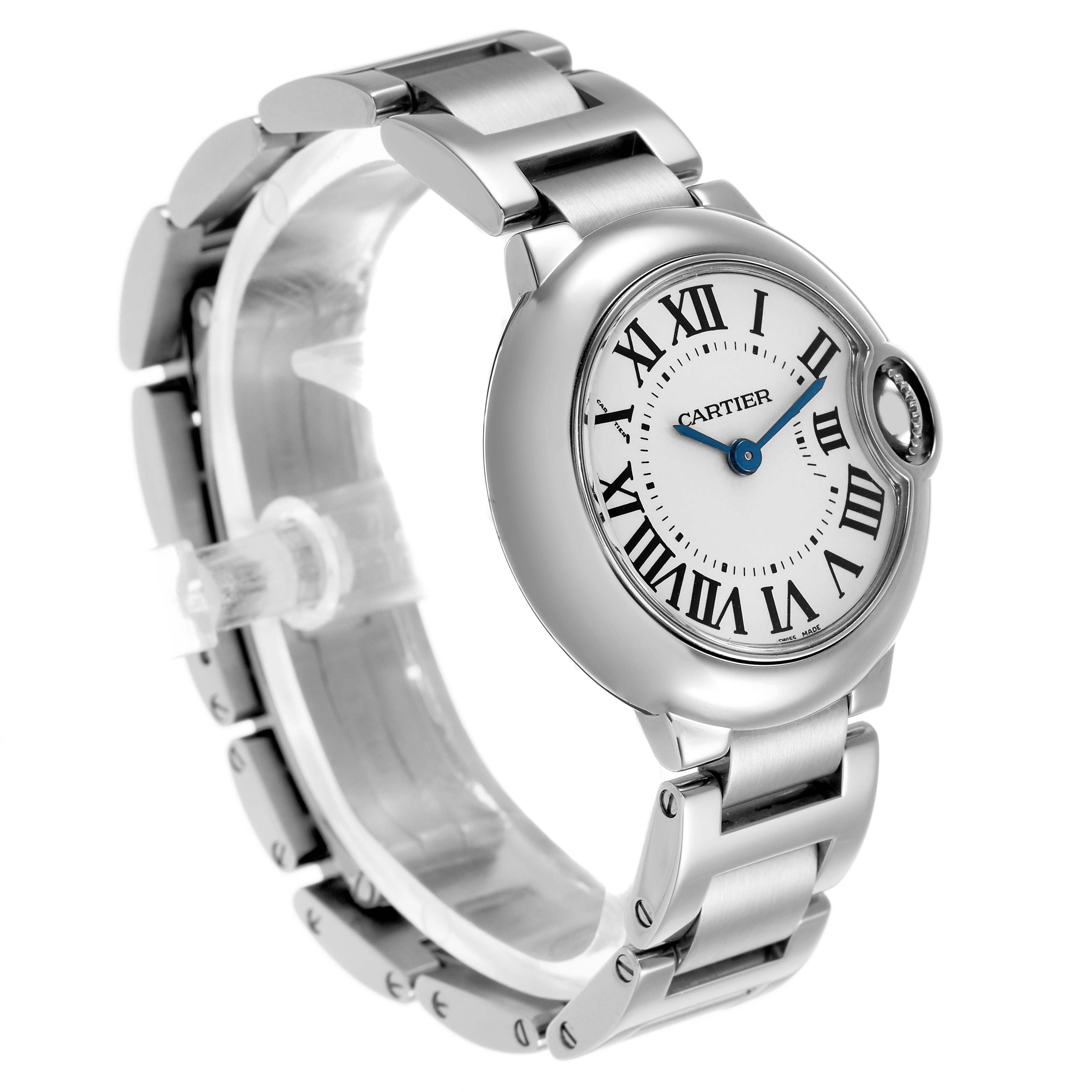 The Cartier Ballon Bleu W69010Z4 Women's Stainless Steel Silver Dial watch is shown from a three-quarter angle, highlighting its round case, crown, and bracelet links.