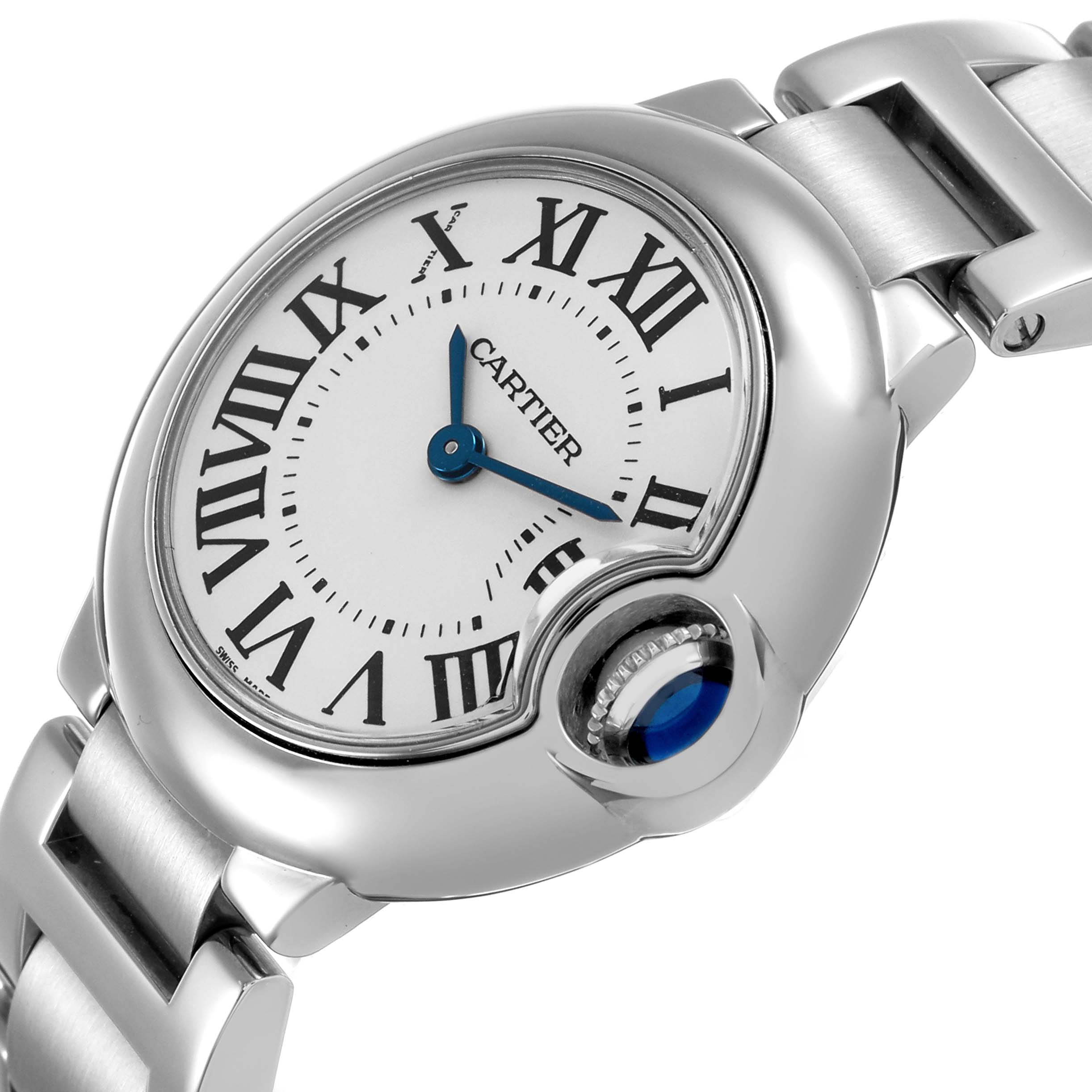 The Cartier Ballon Bleu W69010Z4 Women's Stainless Steel Silver Dial is shown at an angled view, highlighting the dial, bezel, crown with blue cabochon, and part of the bracelet.