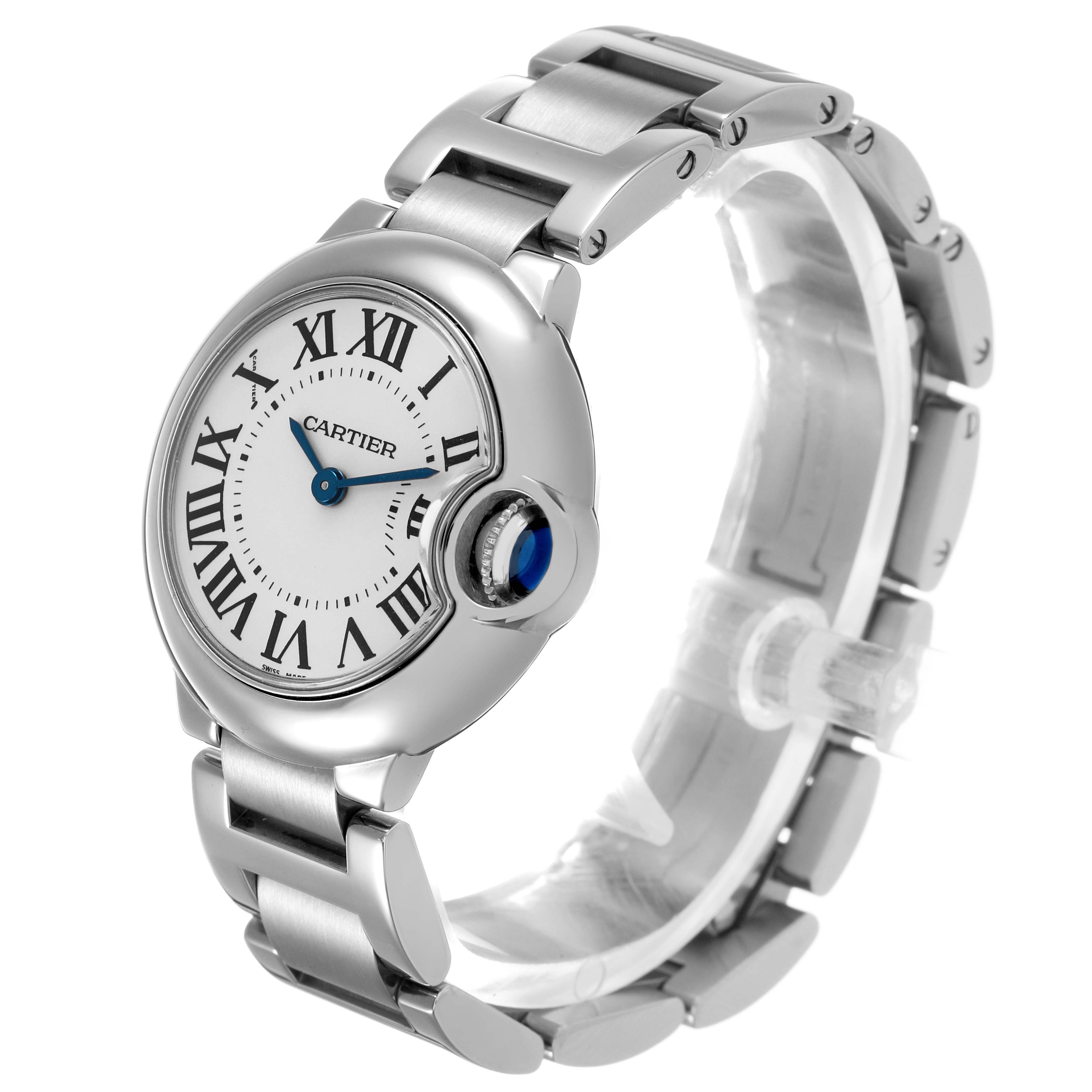 The Cartier Ballon Bleu W69010Z4 Women's Stainless Steel Silver Dial watch is shown at a three-quarter angle, highlighting the dial, Roman numerals, blue hands, and steel bracelet.