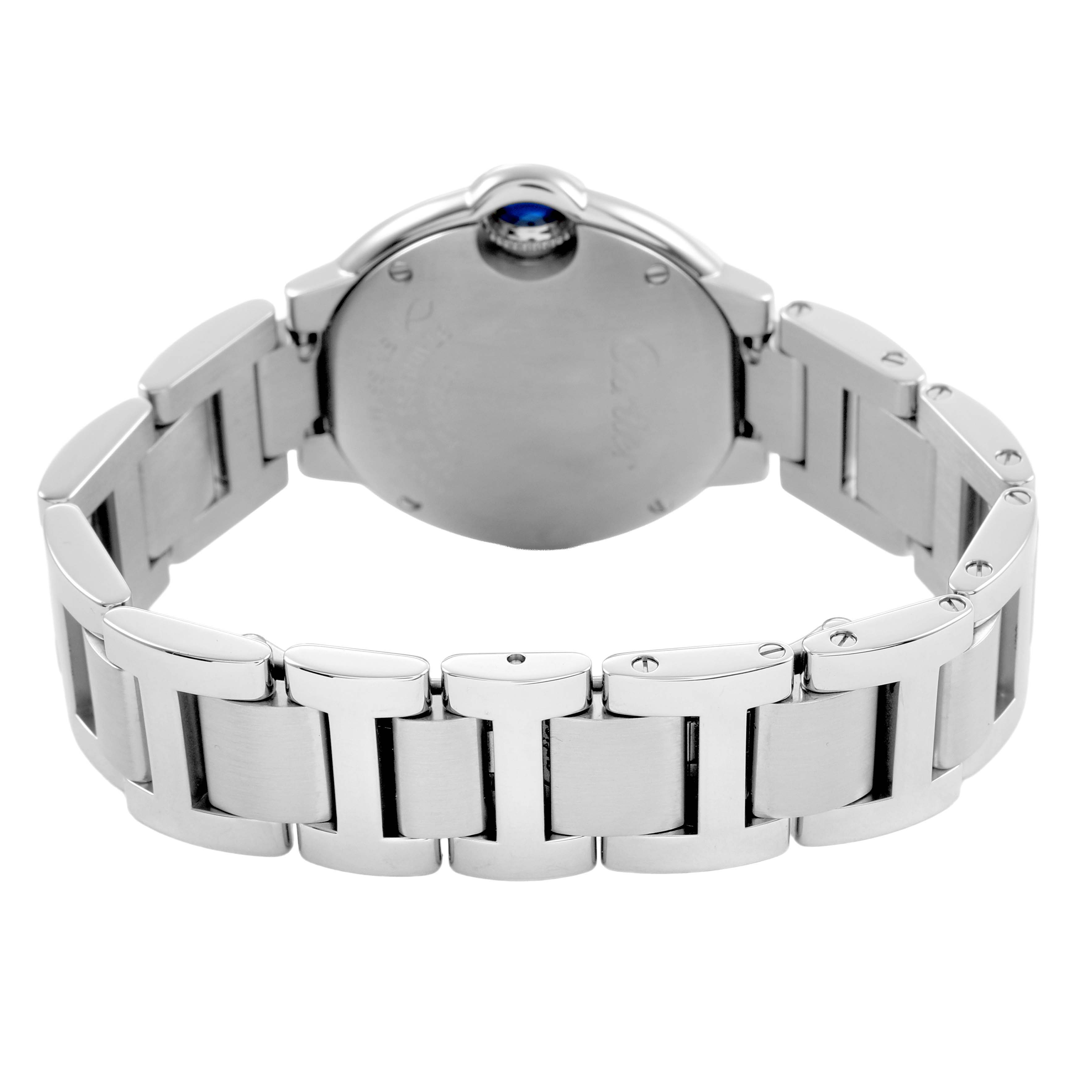 The image shows the back of the Cartier Ballon Bleu W69010Z4 Women's Stainless Steel Silver Dial watch, highlighting the bracelet and case back.