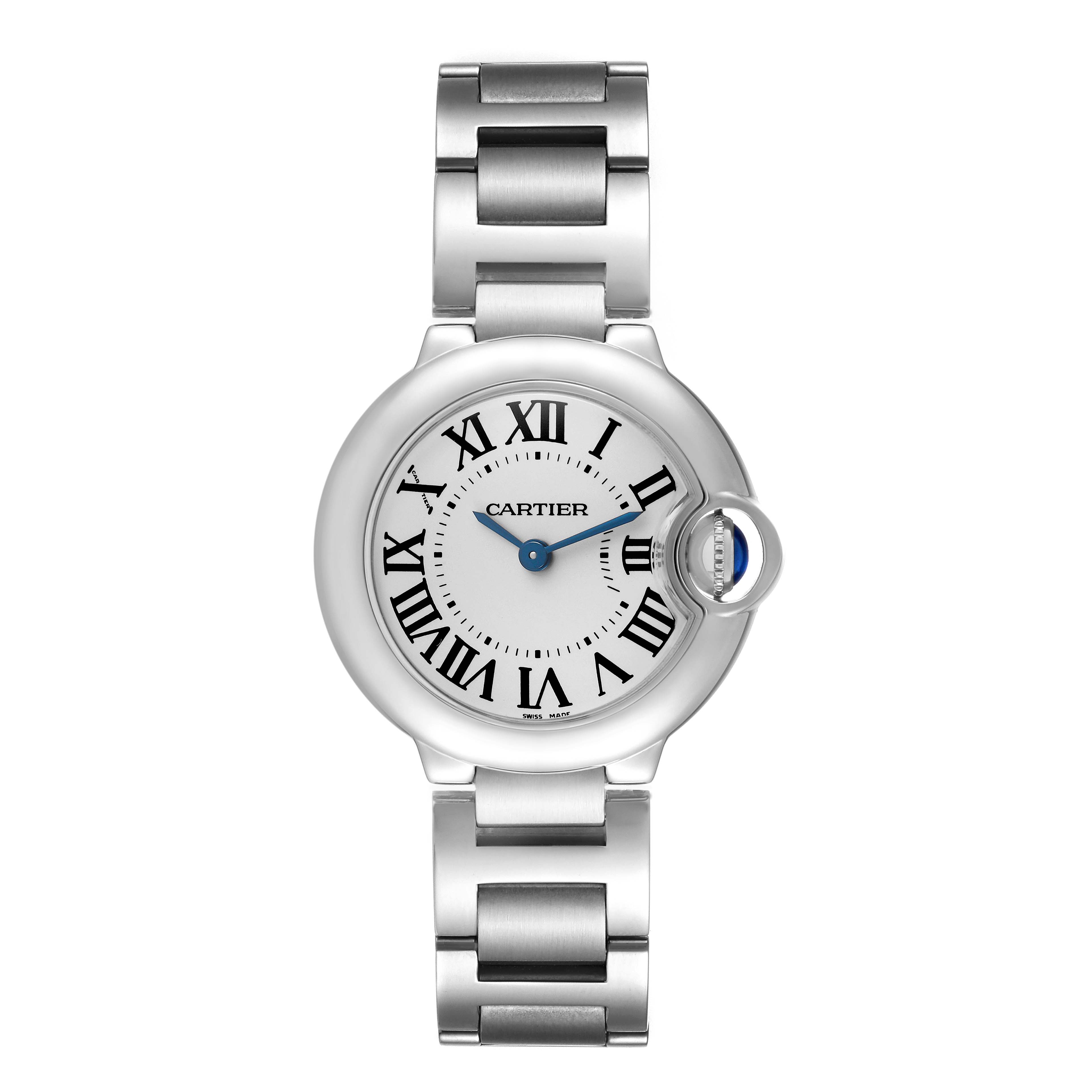 The Cartier Ballon Bleu W69010Z4 Women's Stainless Steel Silver Dial watch is shown from a top-down angle, displaying its face, Roman numeral dial, hands, and metal bracelet.