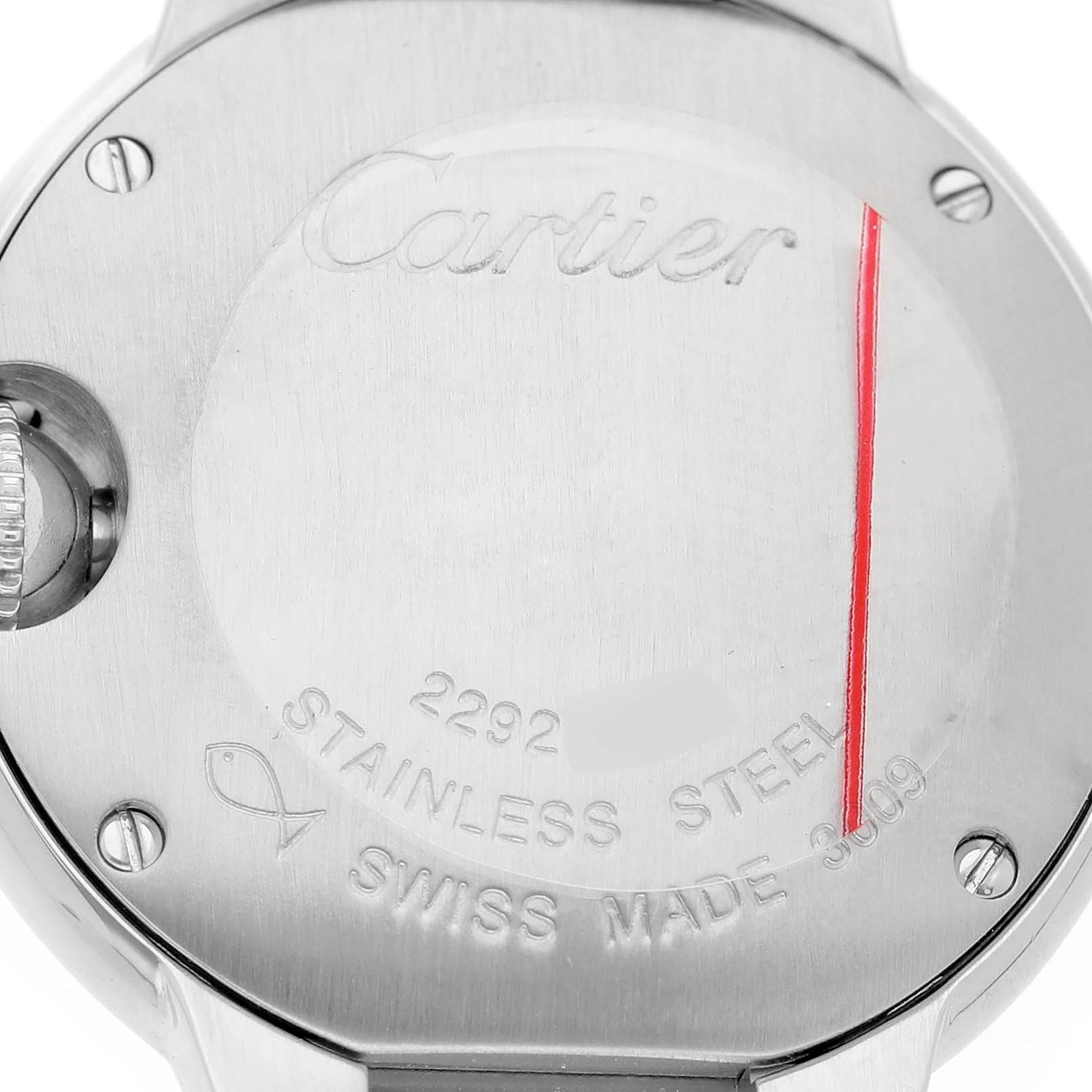 The image shows the back of the Cartier Ballon Bleu W69010Z4 Women's Stainless Steel Silver Dial watch, highlighting the case back engraving and crown.