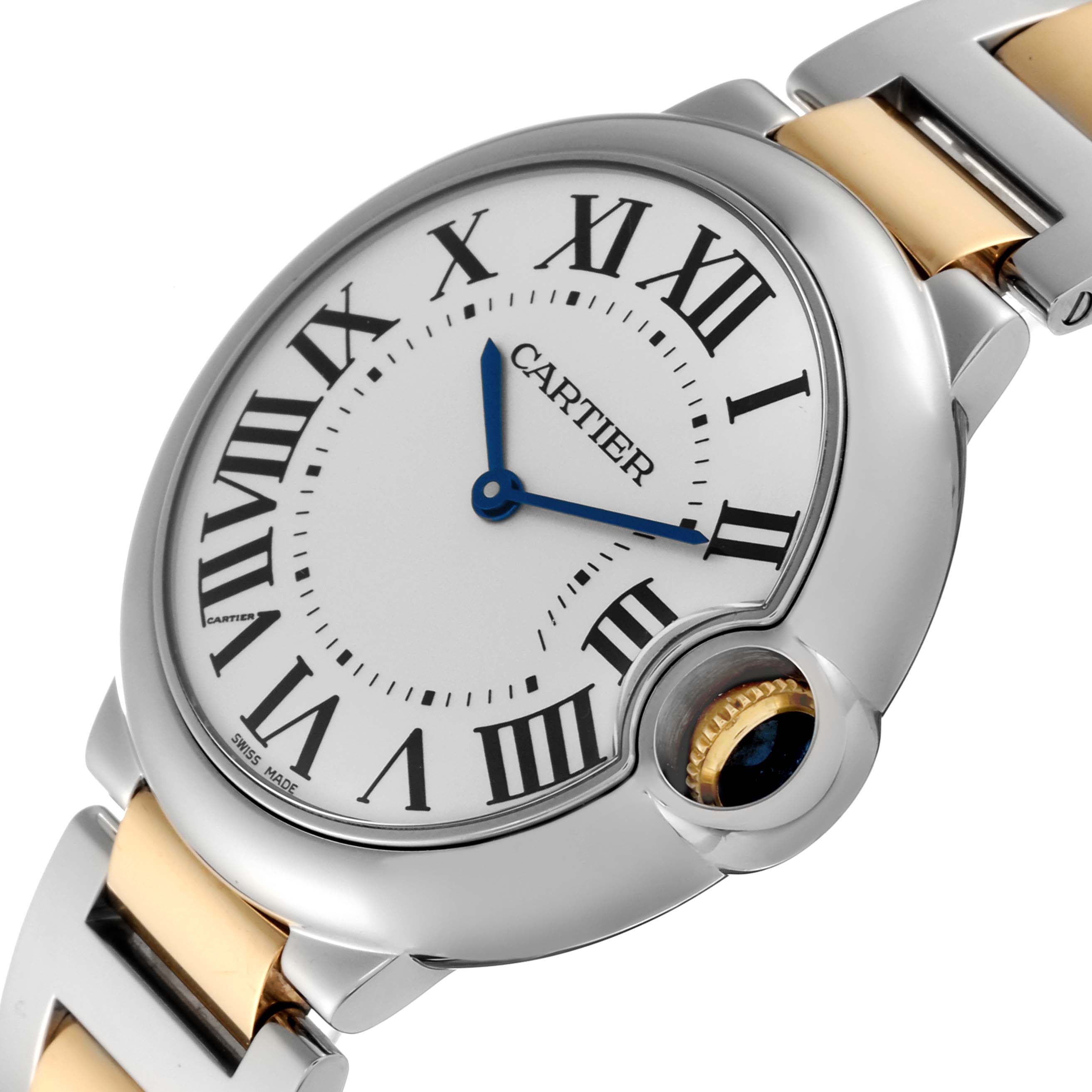 The image shows a close-up of the Cartier Ballon Bleu 62685 Men
s Stainless Steel Silver Dial 62685 Men
s Stainless Steel Silver Dial watch face, including the crown and part of the bracelet.