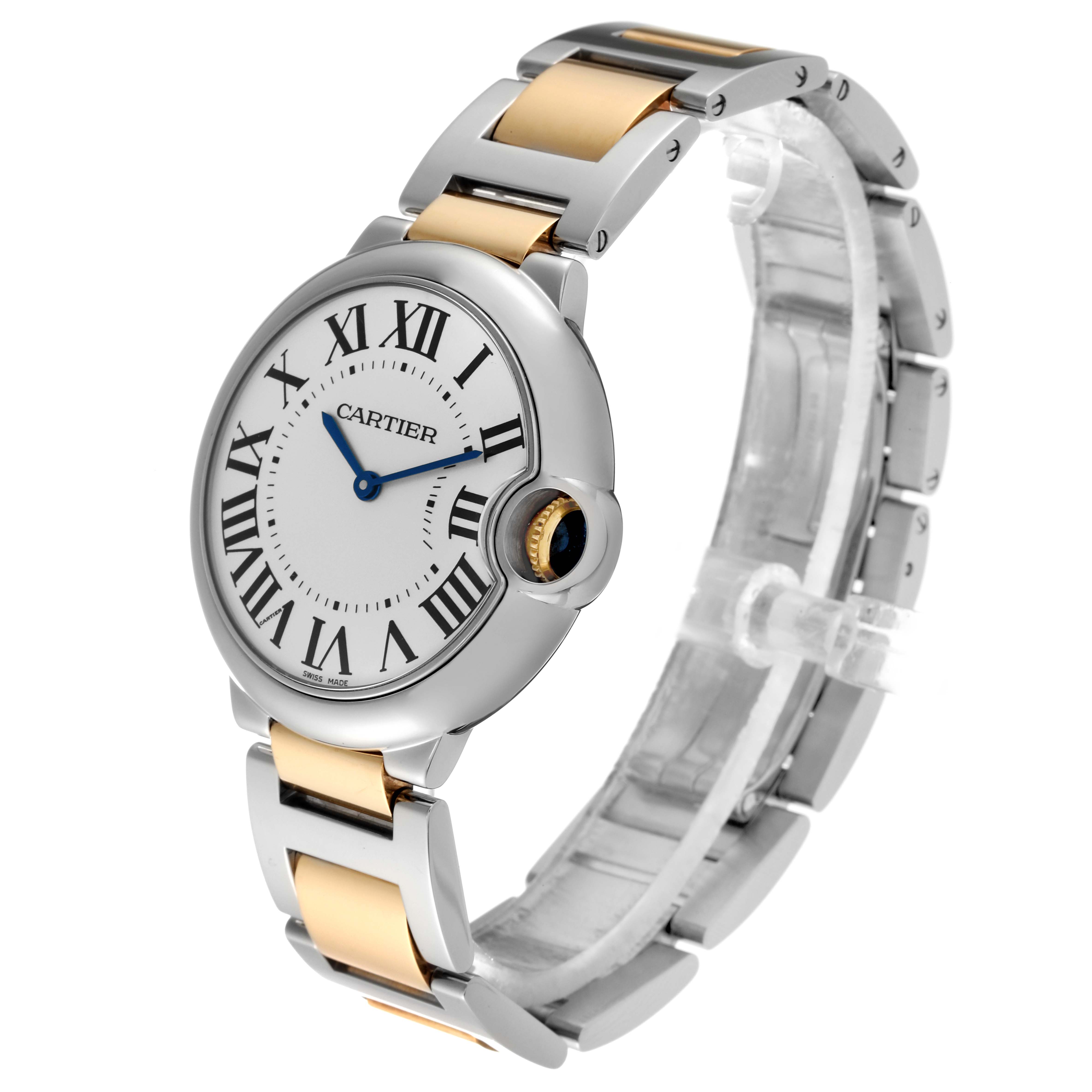 The image shows the Cartier Ballon Bleu 62685 Men
s Stainless Steel Silver Dial 62685 Men
s Stainless Steel Silver Dial watch at a three-quarter angle featuring the face and gold-silver bracelet.