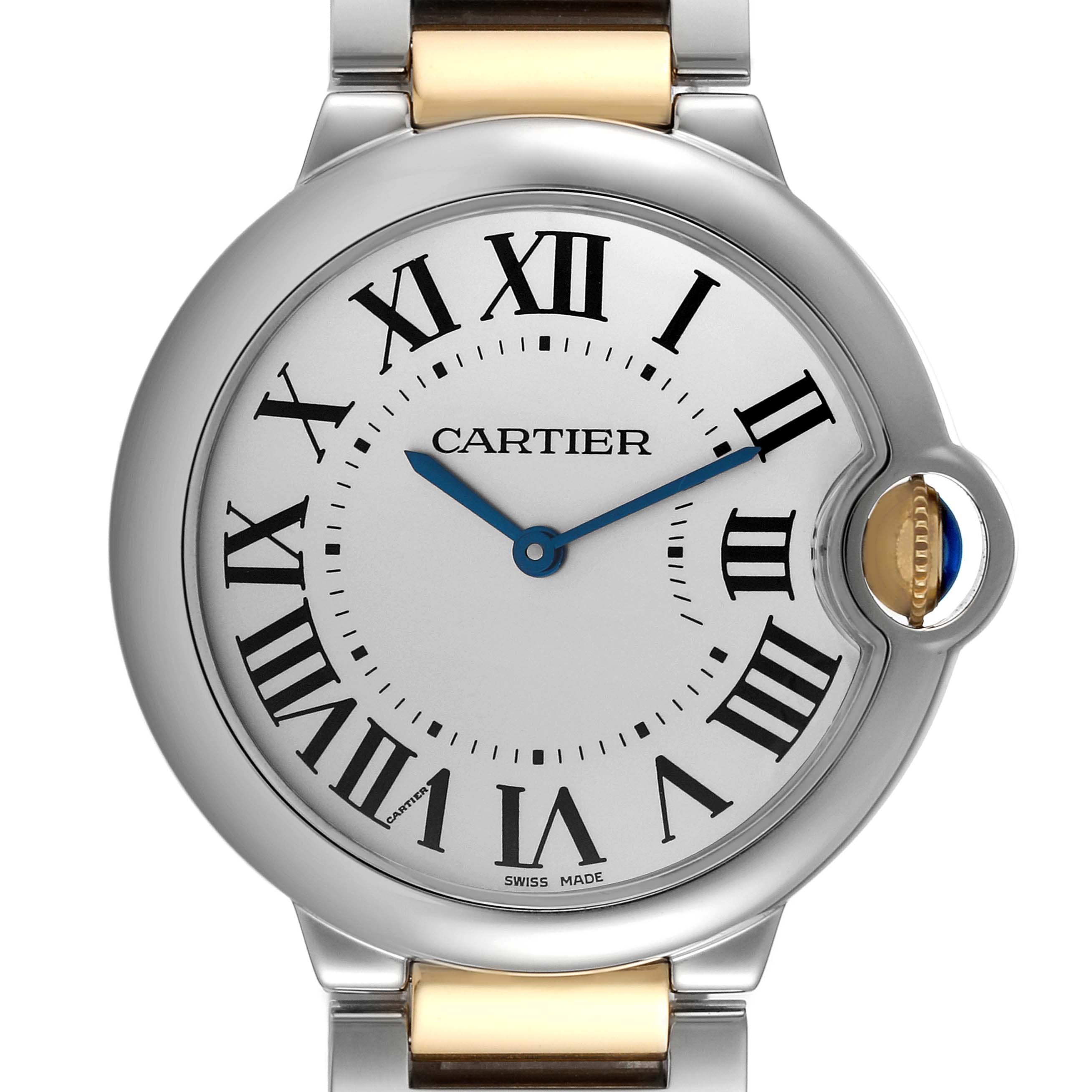 The image shows the front face of a Cartier Ballon Bleu 62685 Men
s Stainless Steel Silver Dial 62685 Men
s Stainless Steel Silver Dial watch, highlighting its Roman numerals, blue hands, and crown with a blue cabochon.