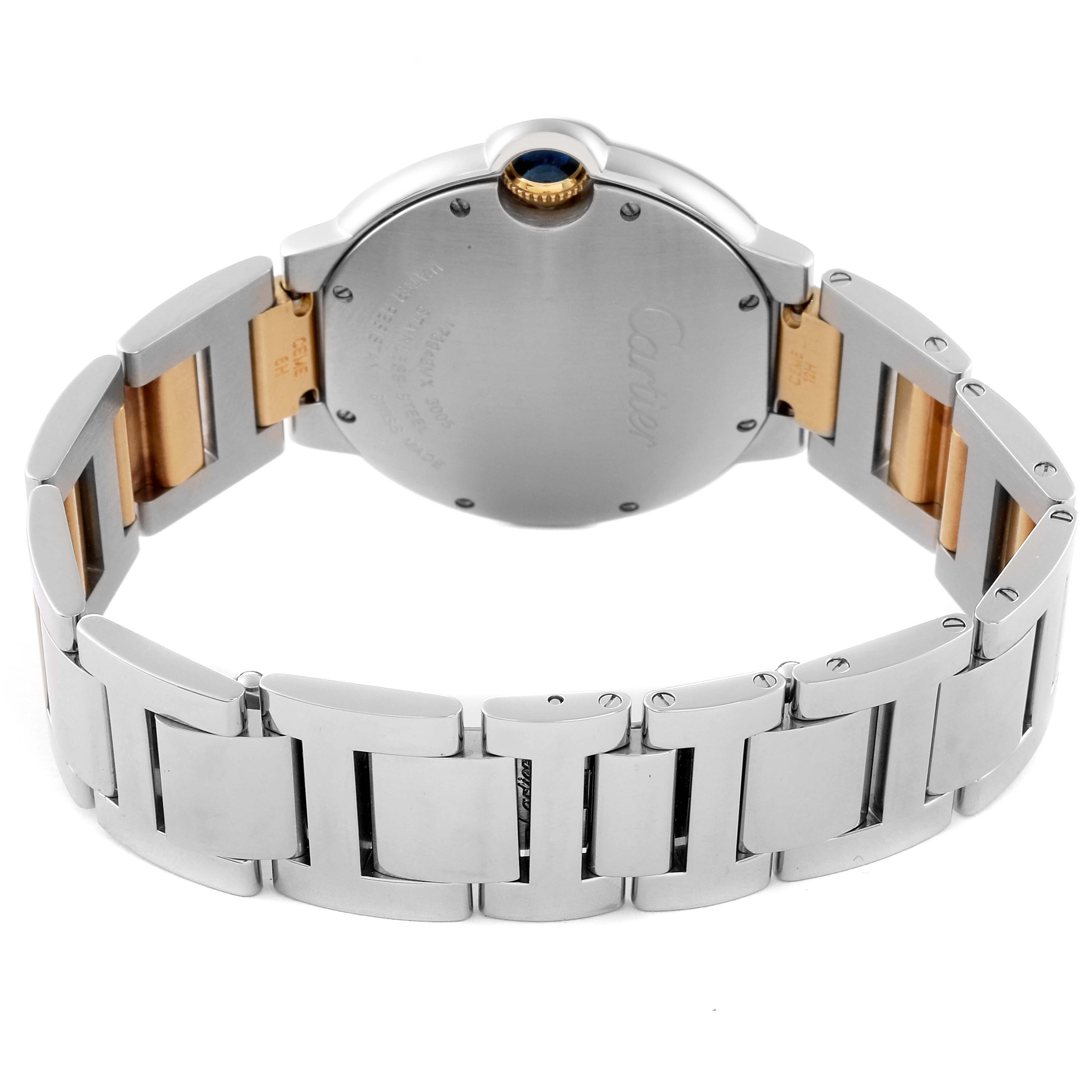 This image shows the back view of a Cartier Ballon Bleu 62685 Men
s Stainless Steel Silver Dial 62685 Men
s Stainless Steel Silver Dial watch, highlighting its bracelet and crown.