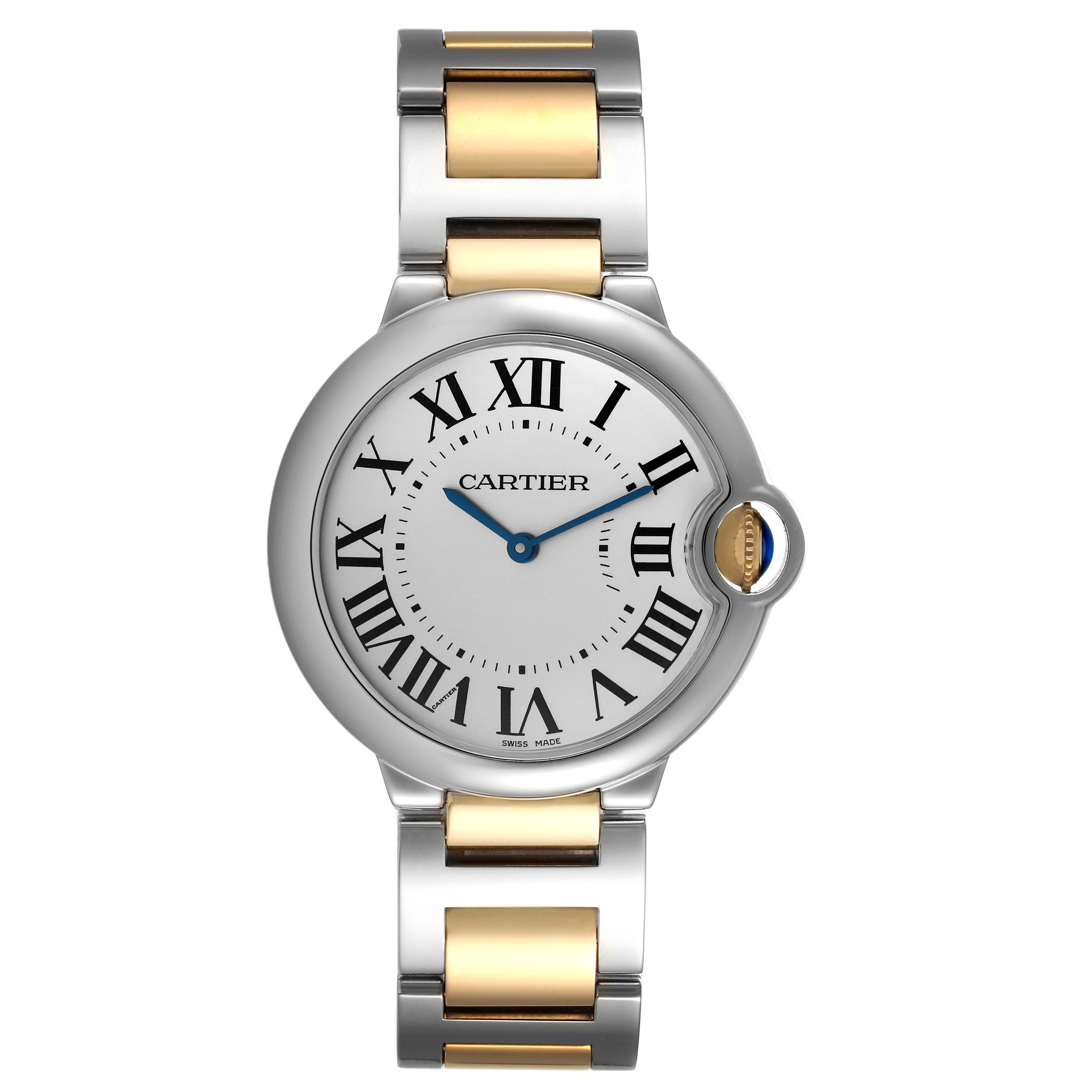 The image shows a front view of a Ballon Bleu de Cartier watch with its face, bezel, and two-tone metal band.