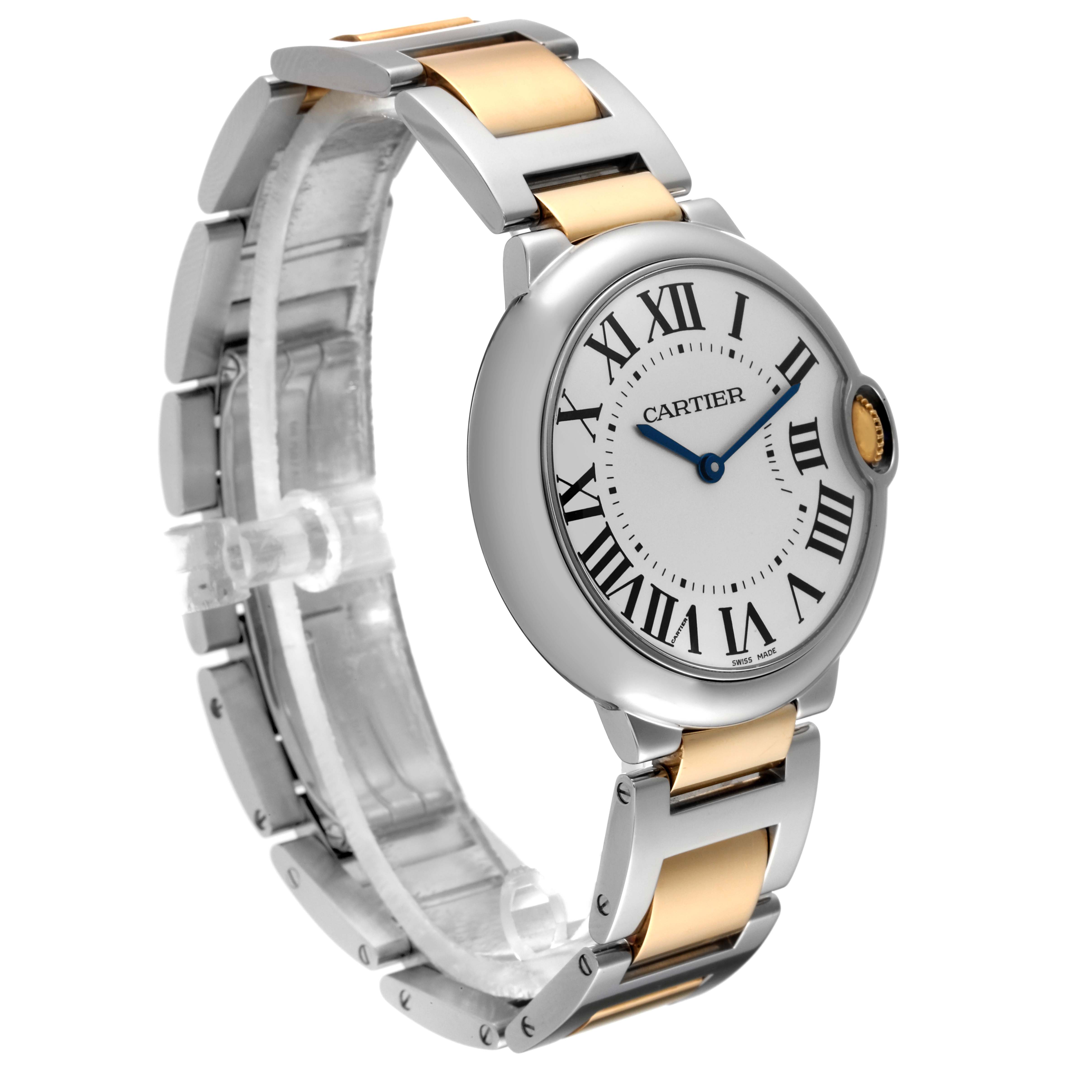 The Cartier Ballon Bleu 62685 Men
s Stainless Steel Silver Dial 62685 Men
s Stainless Steel Silver Dial watch angle showcases the dial, bezel, part of the bracelet, and crown with two-tone metal links.