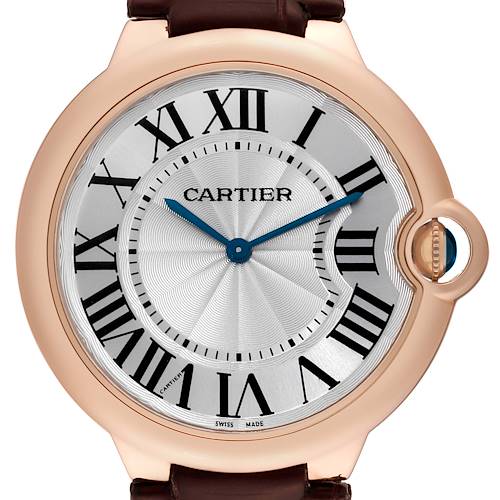 This image shows a front view of the dial and bezel of the Cartier Ballon Bleu watch, featuring Roman numerals and blue hands.