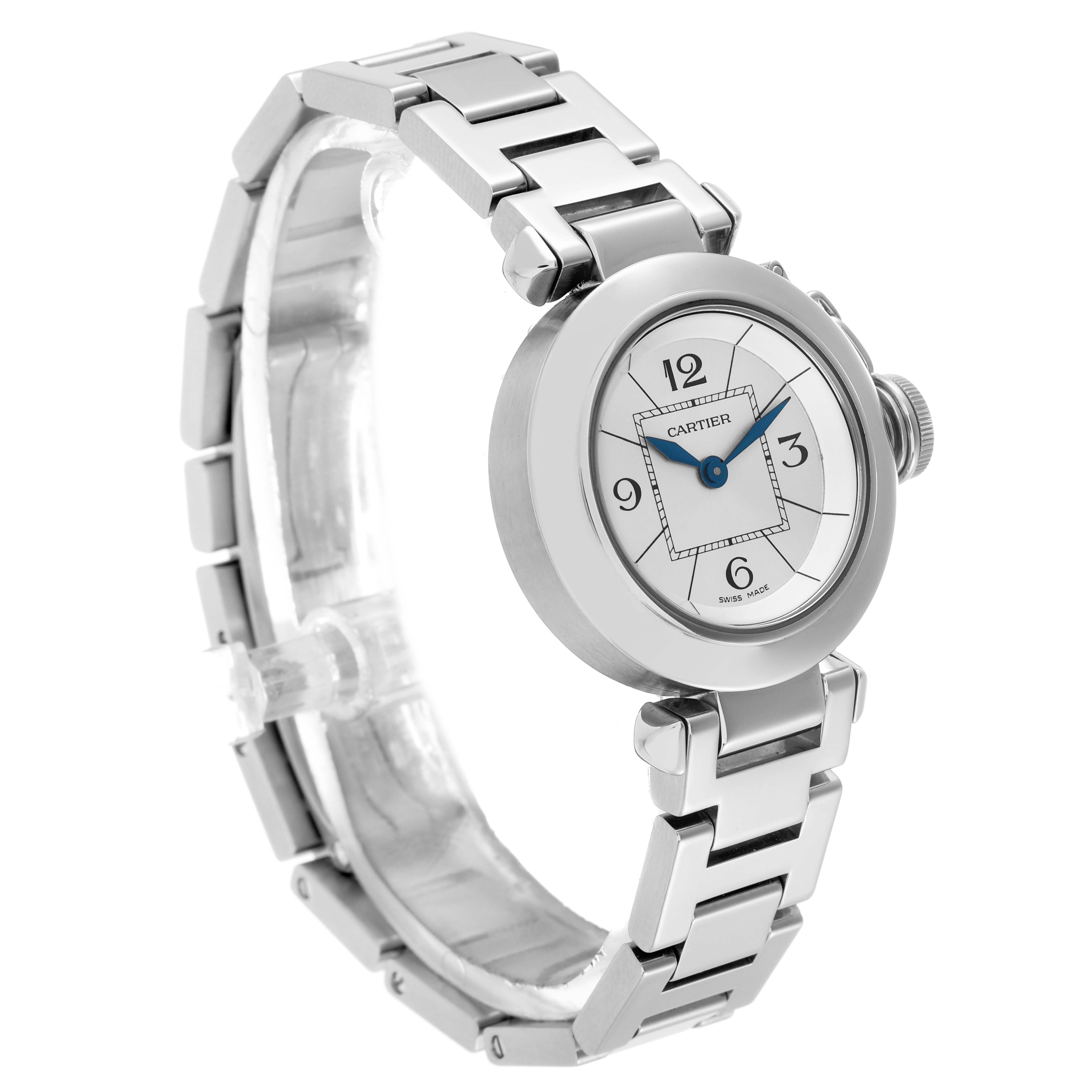 The Cartier Pasha W3140007 Women
s Stainless Steel Silver Dial W3140007 Women
s Stainless Steel Silver Dial watch is shown at a three-quarter angle, highlighting the face, bezel, and stainless steel bracelet.
