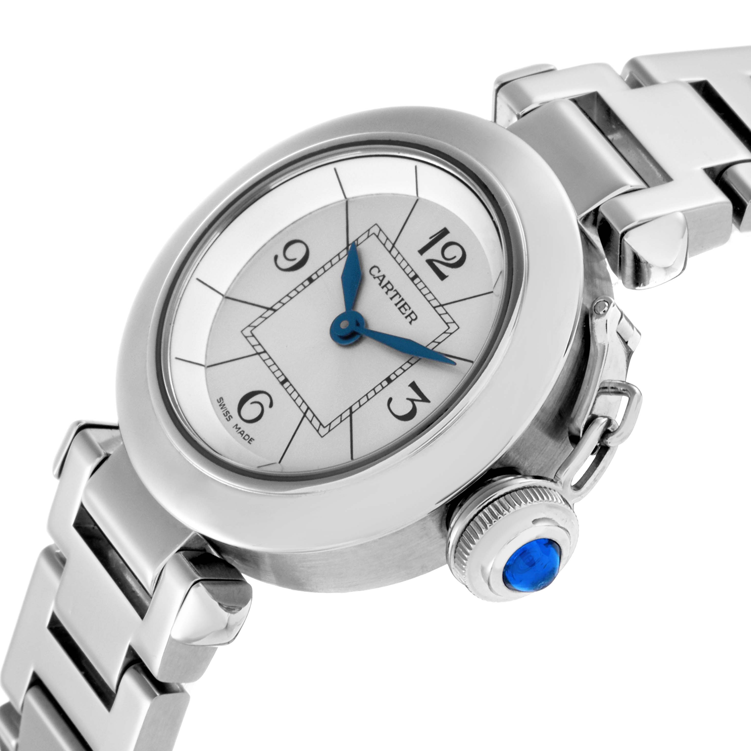 The Cartier Pasha W3140007 Women
s Stainless Steel Silver Dial W3140007 Women
s Stainless Steel Silver Dial watch is shown at an angled view highlighting the face, crown, and part of the bracelet.