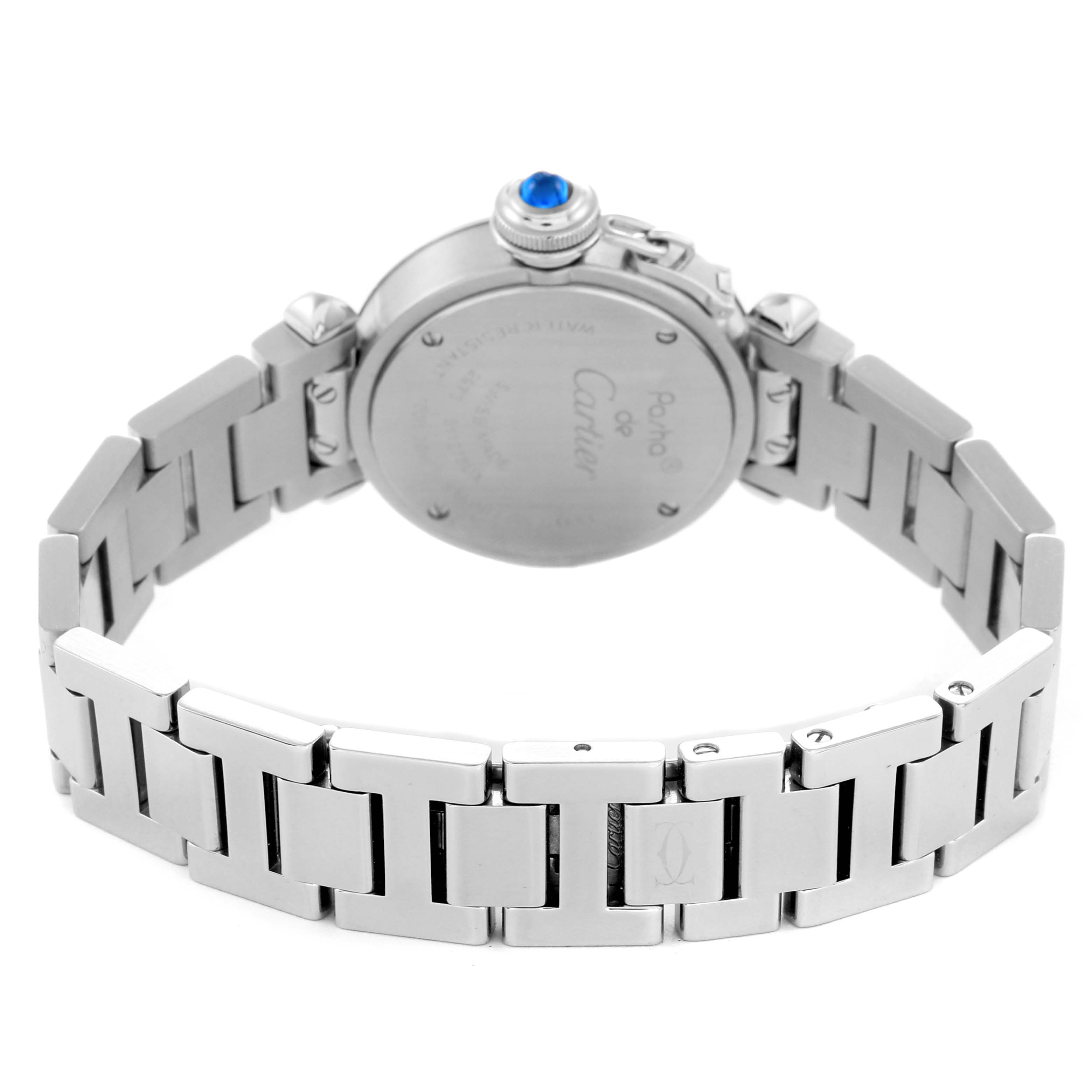 The image shows the stainless steel bracelet and back case of the Cartier Pasha W3140007 Women
s Stainless Steel Silver Dial W3140007 Women
s Stainless Steel Silver Dial watch from a rear angle.