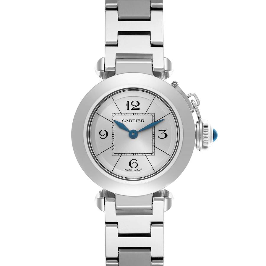 The Cartier Pasha watch is shown from the front, displaying the dial, bezel, bracelet, and crown with a blue cabochon.