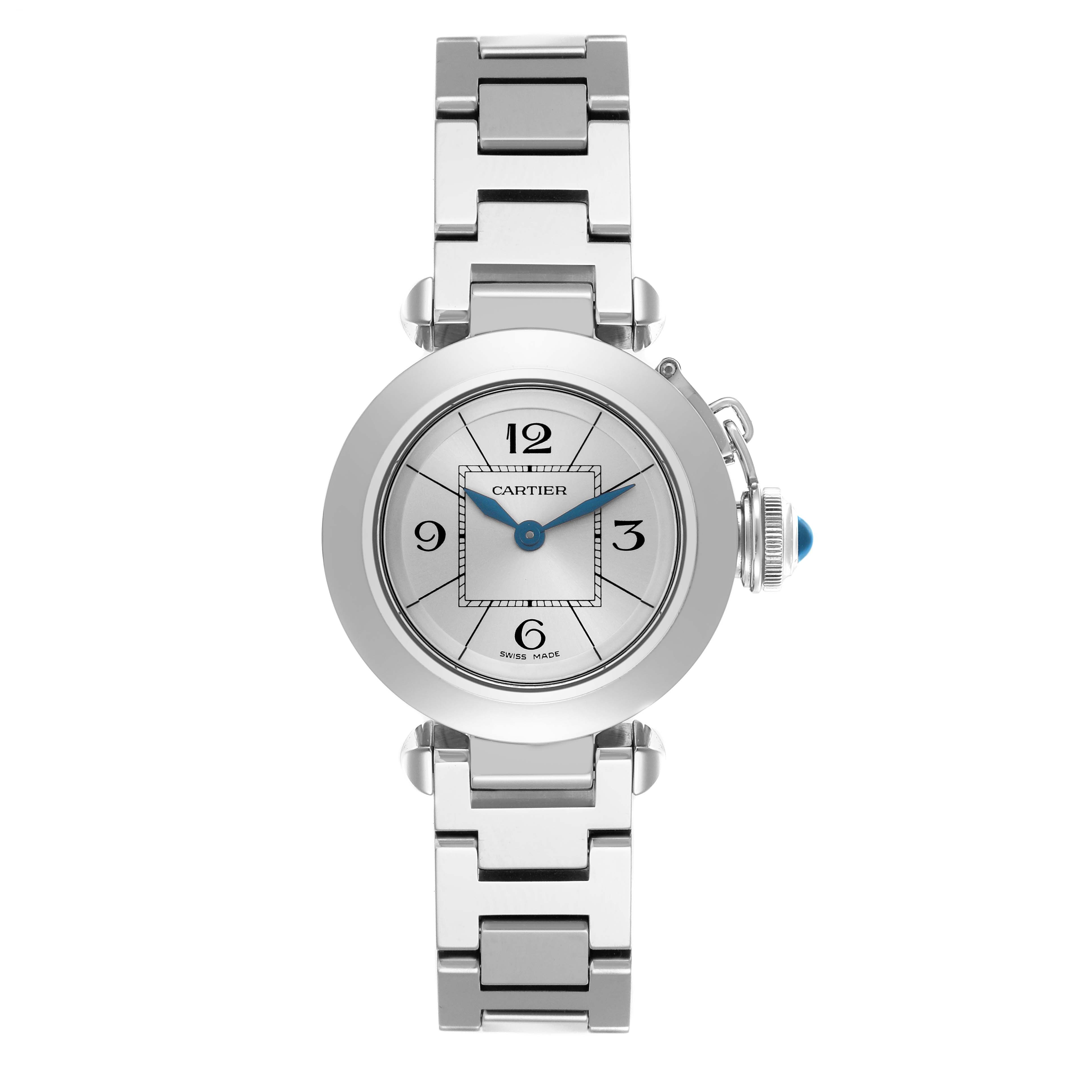 The Cartier Pasha W3140007 Women
s Stainless Steel Silver Dial W3140007 Women
s Stainless Steel Silver Dial watch is shown from a front angle, displaying its dial, bracelet, and crown with a blue cabochon.