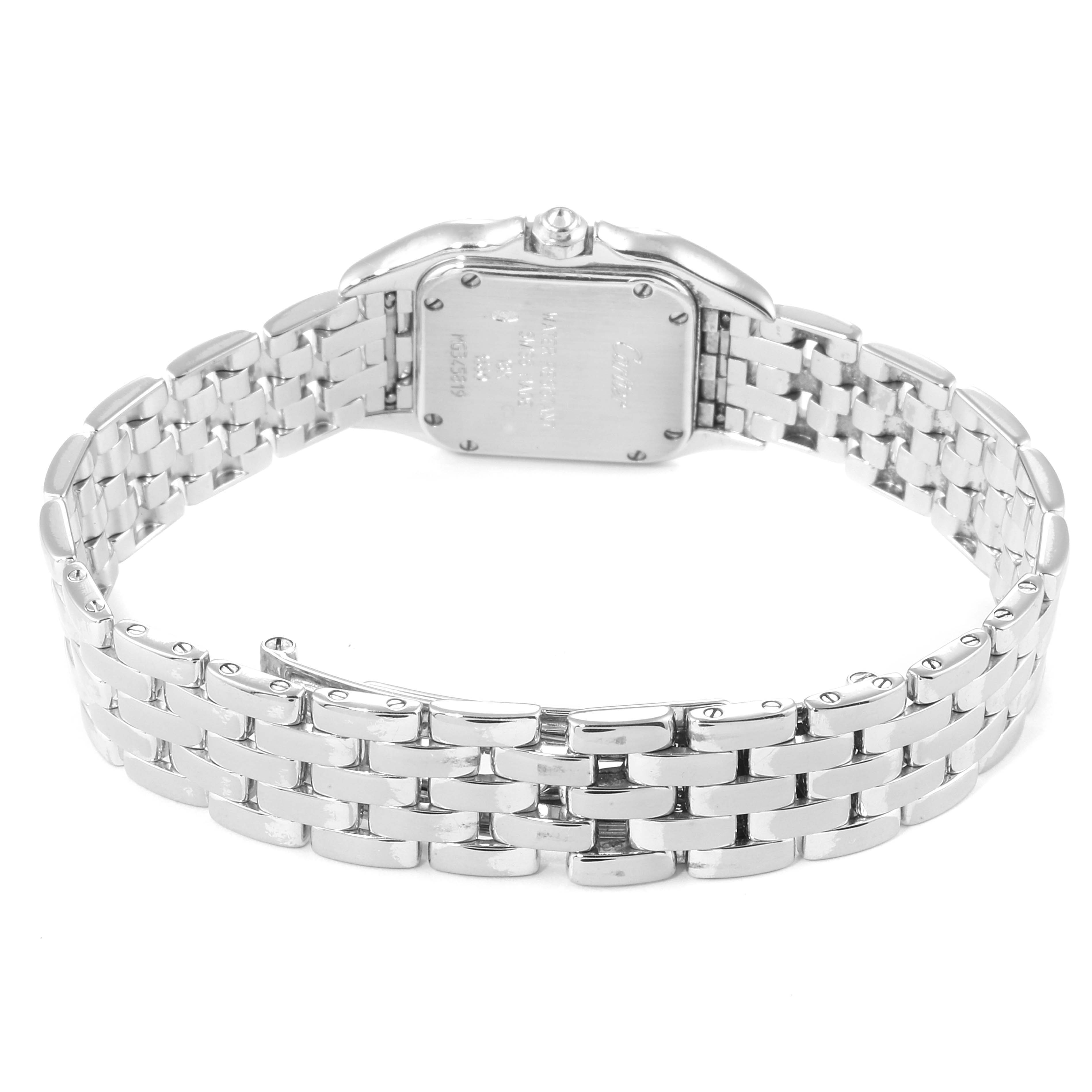 The image shows the back view of the Cartier Panthere 1660 Women
s White Gold Silver Dial 1660 Women
s White Gold Silver Dial watch, focusing on the case back and stainless steel bracelet.