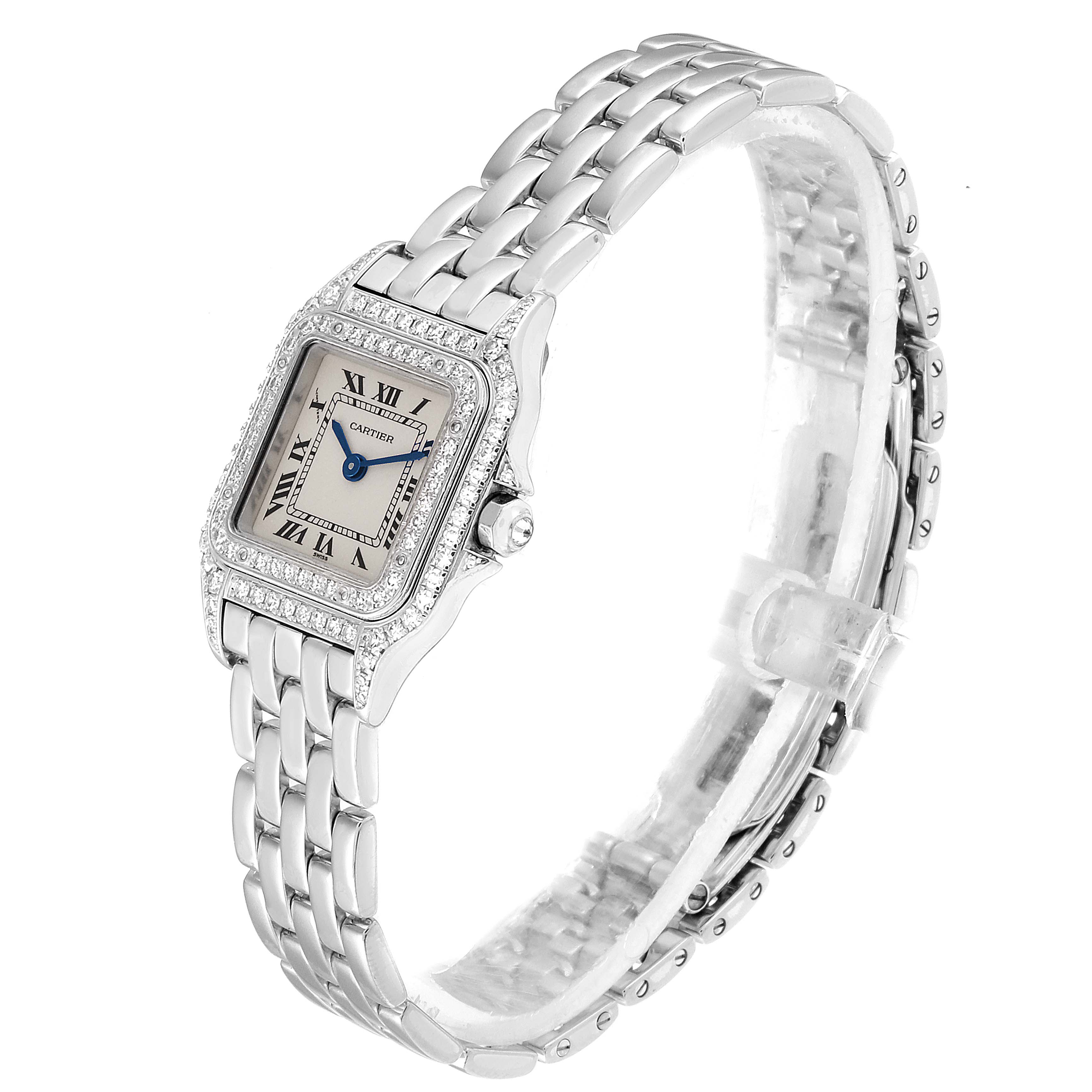 The Cartier Panthere 1660 Women
s White Gold Silver Dial 1660 Women
s White Gold Silver Dial watch is shown at an angle displaying the watch face, bezel, and stainless steel bracelet.