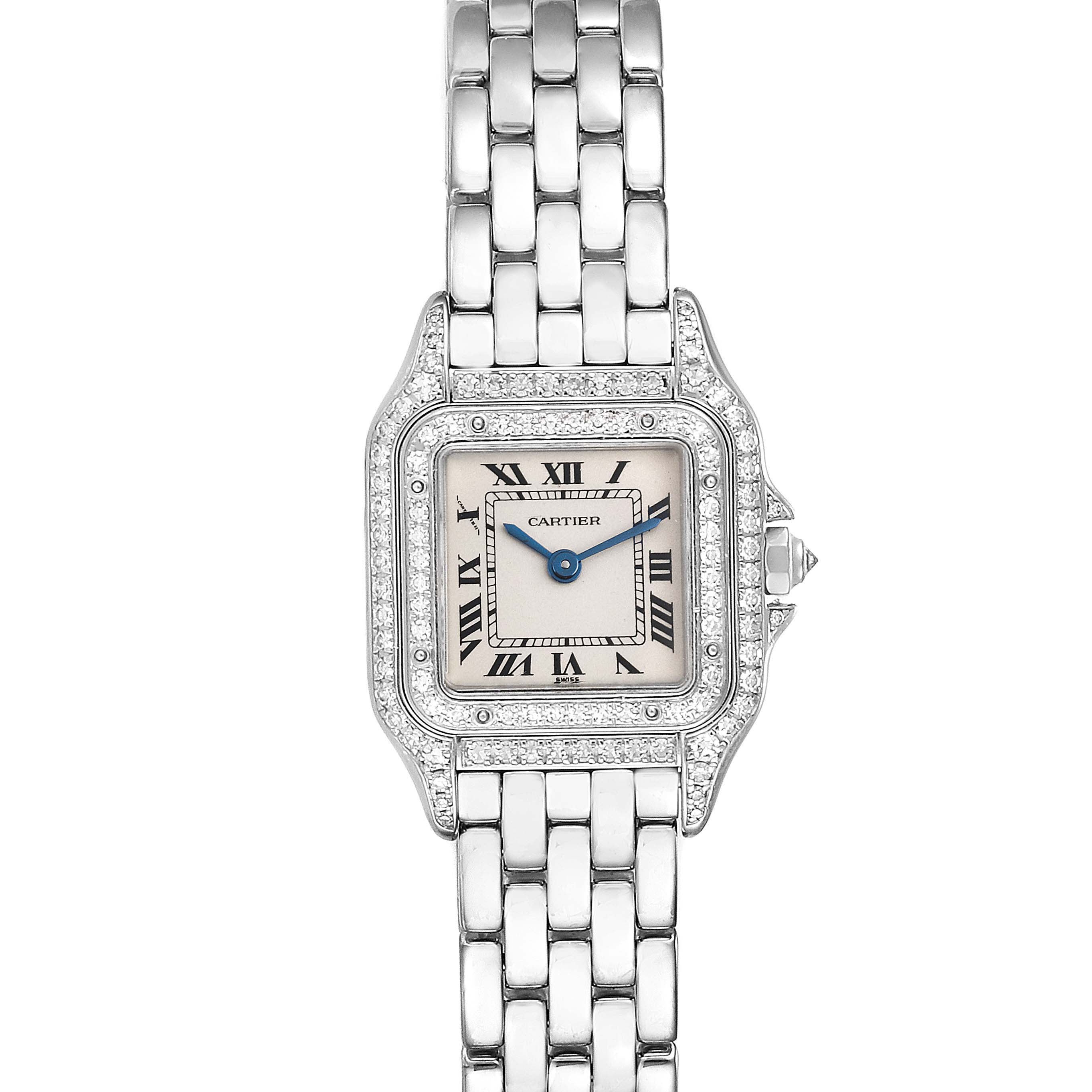 The image shows a front view of a Cartier Panthere 1660 Women
s White Gold Silver Dial 1660 Women
s White Gold Silver Dial watch, highlighting the dial, bezel, and bracelet.