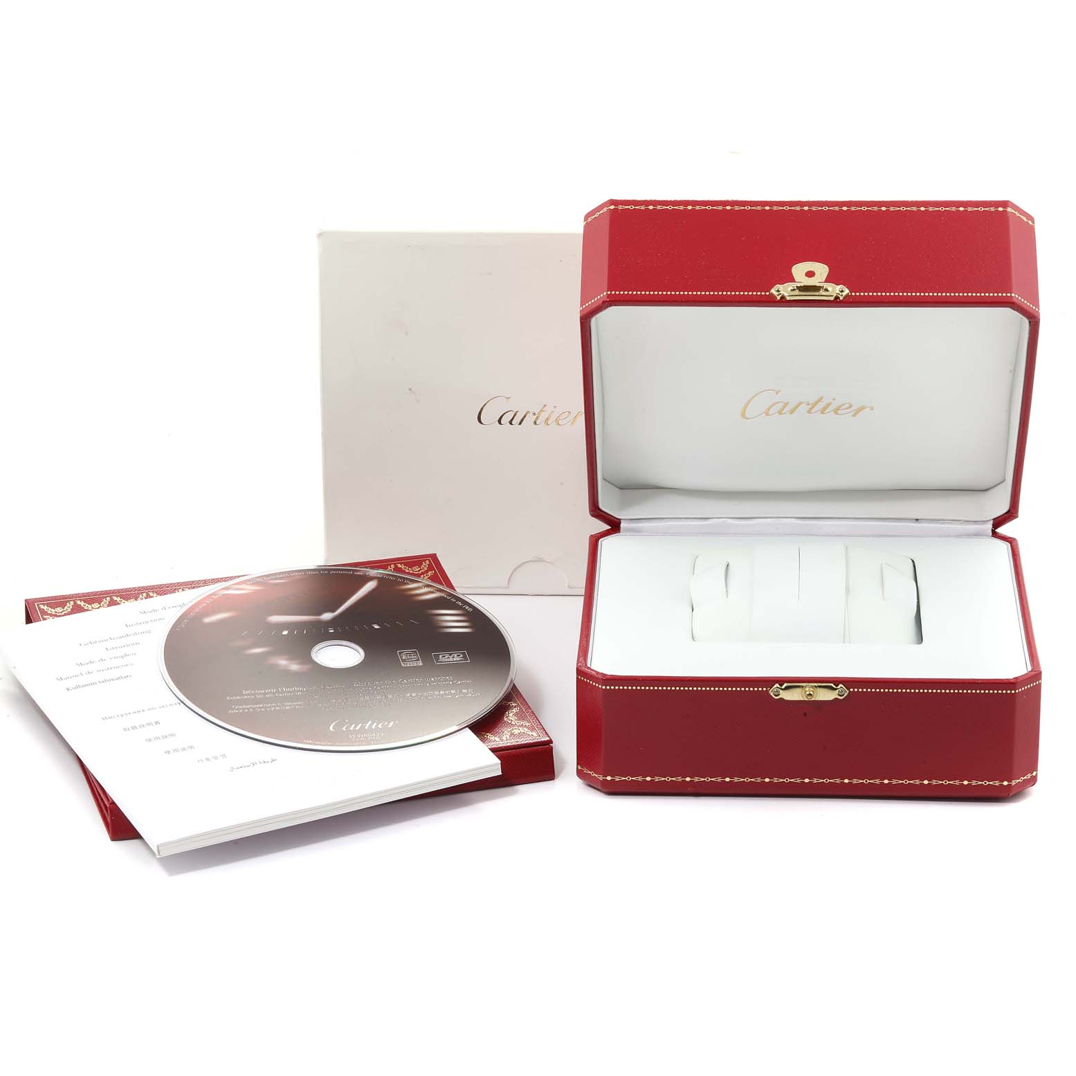 The image shows the box, booklet, and CD for the Cartier Panthere 1660 Women
s White Gold Silver Dial 1660 Women
s White Gold Silver Dial watch, with the box open and the booklet and CD placed next to it.