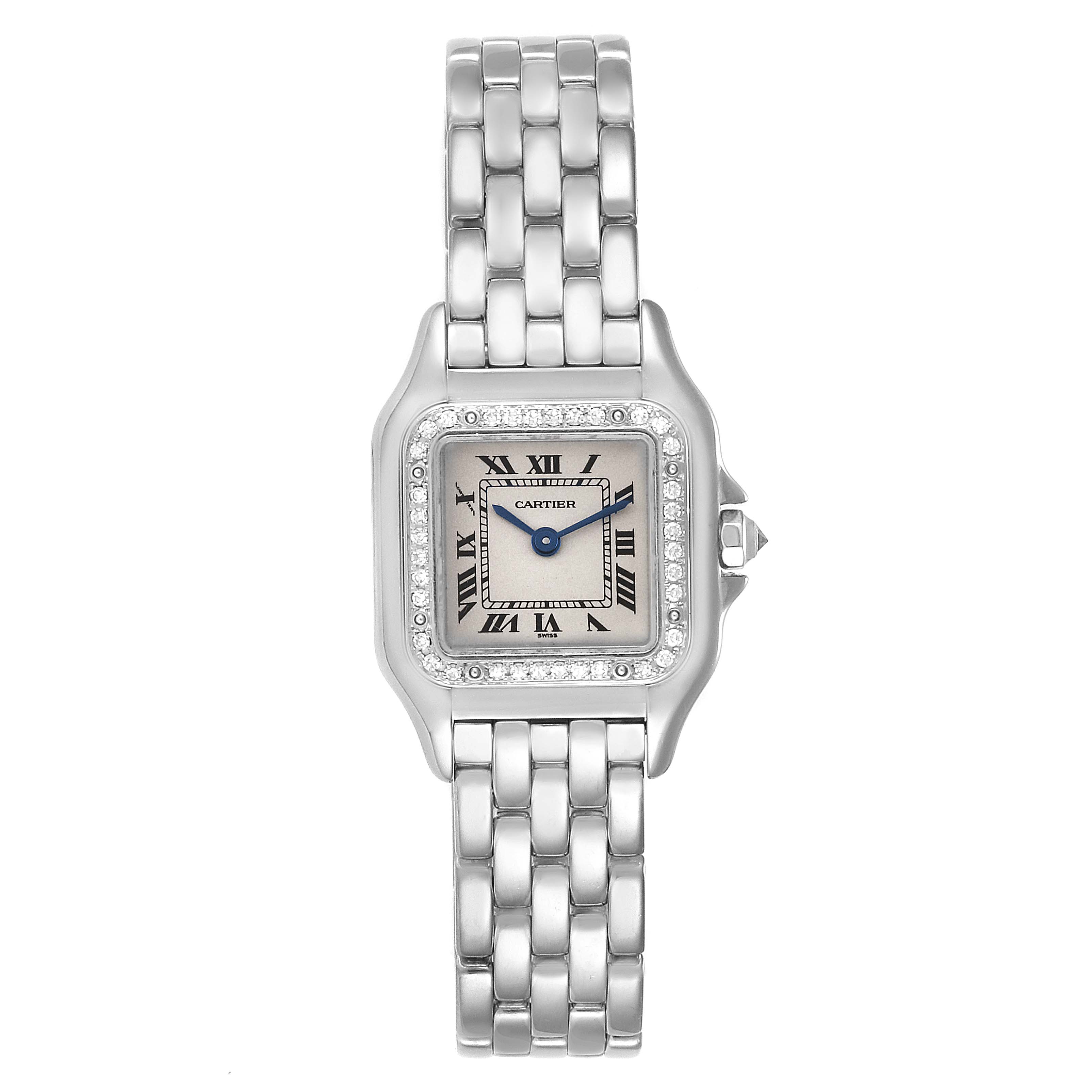 This image shows a top view of the Cartier Panthere WF3091F3 Women
s White Gold Silver Dial WF3091F3 Women
s White Gold Silver Dial watch, highlighting its face, bezel, and metal bracelet.