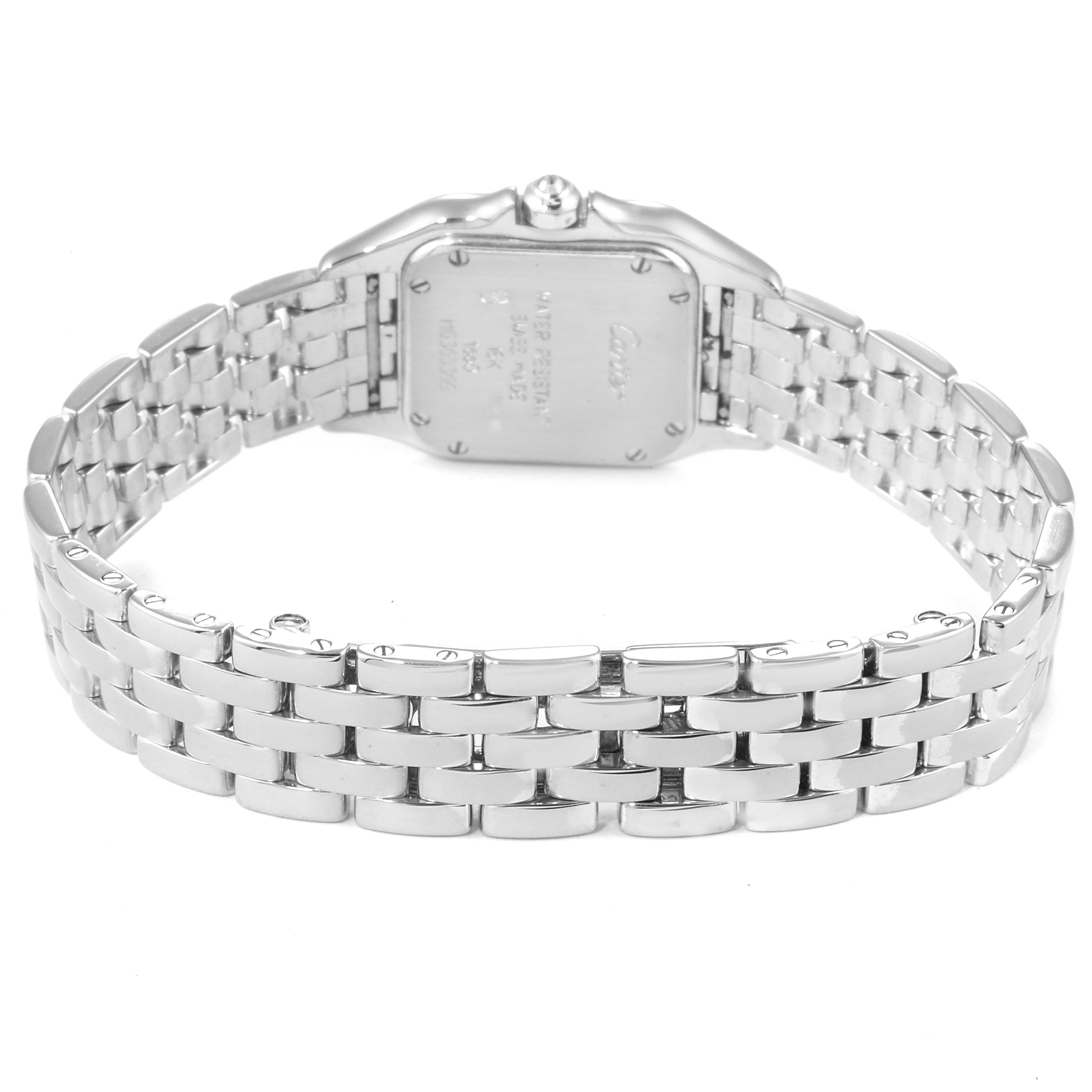 The image shows the back side and bracelet of a Cartier Panthère watch.