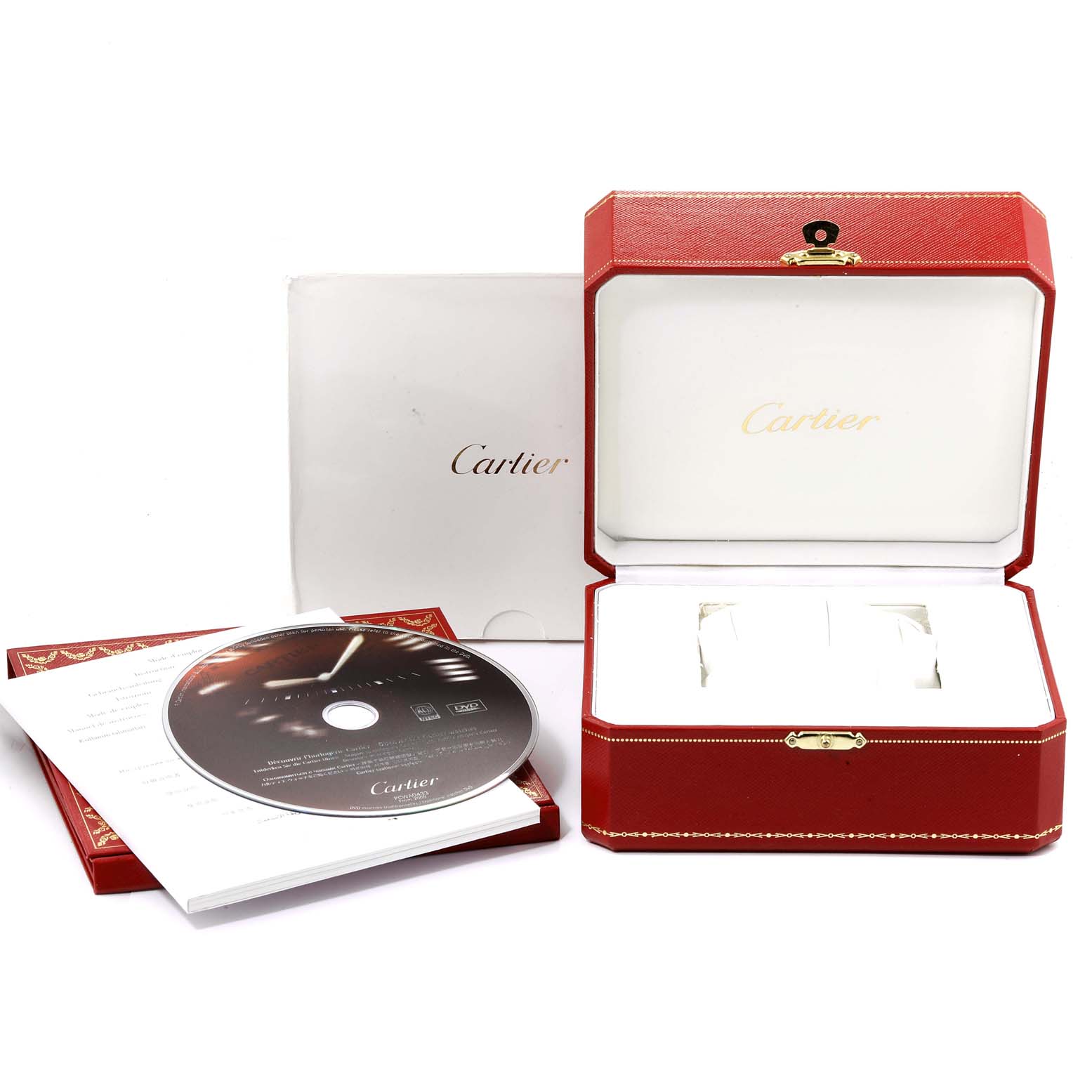 The image shows the packaging and accessories for a Panthere model Cartier watch, including an open box, a CD, and documents.