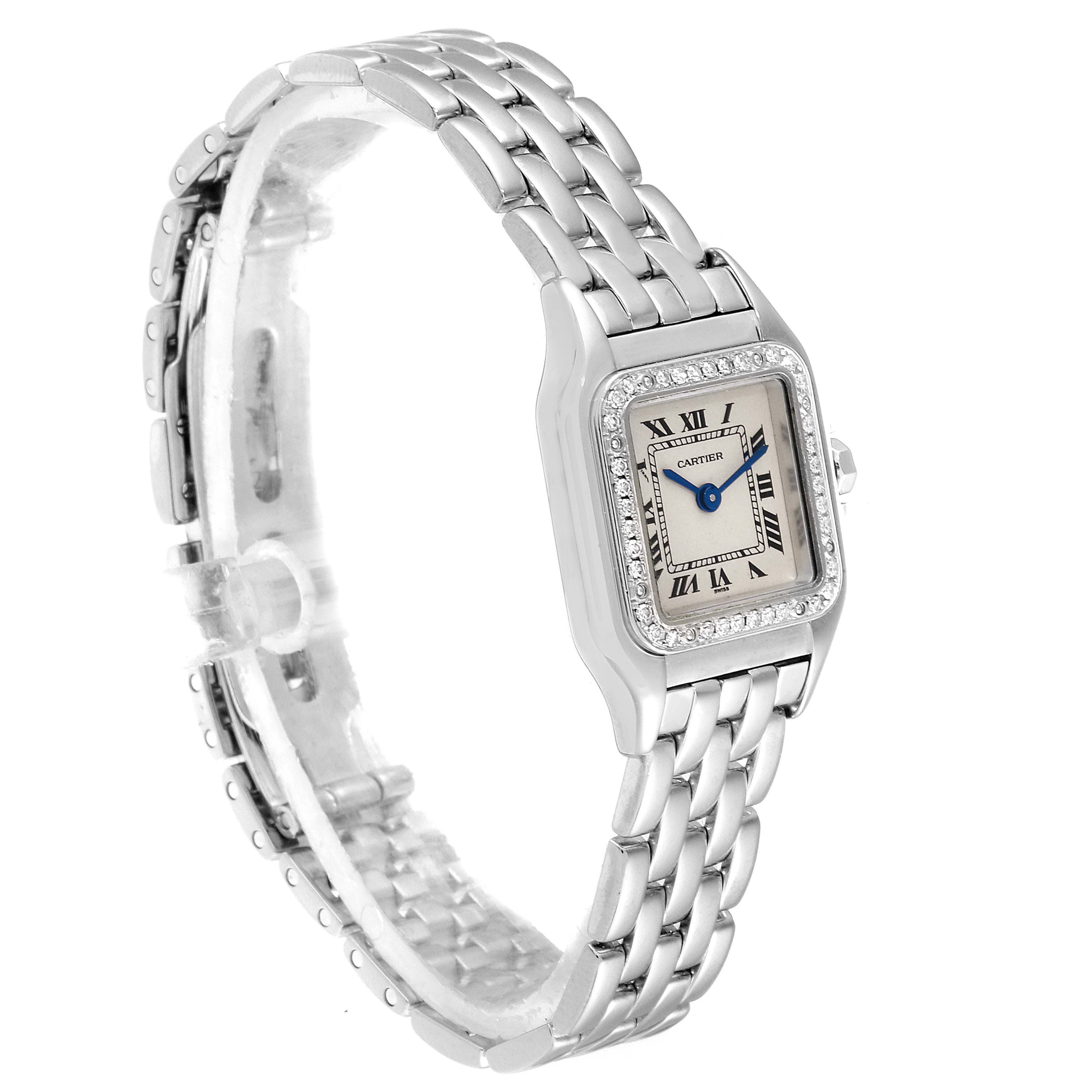The image shows a Cartier Panthere WF3091F3 Women
s White Gold Silver Dial WF3091F3 Women
s White Gold Silver Dial watch angled to display its face, bezel, and stainless steel bracelet.