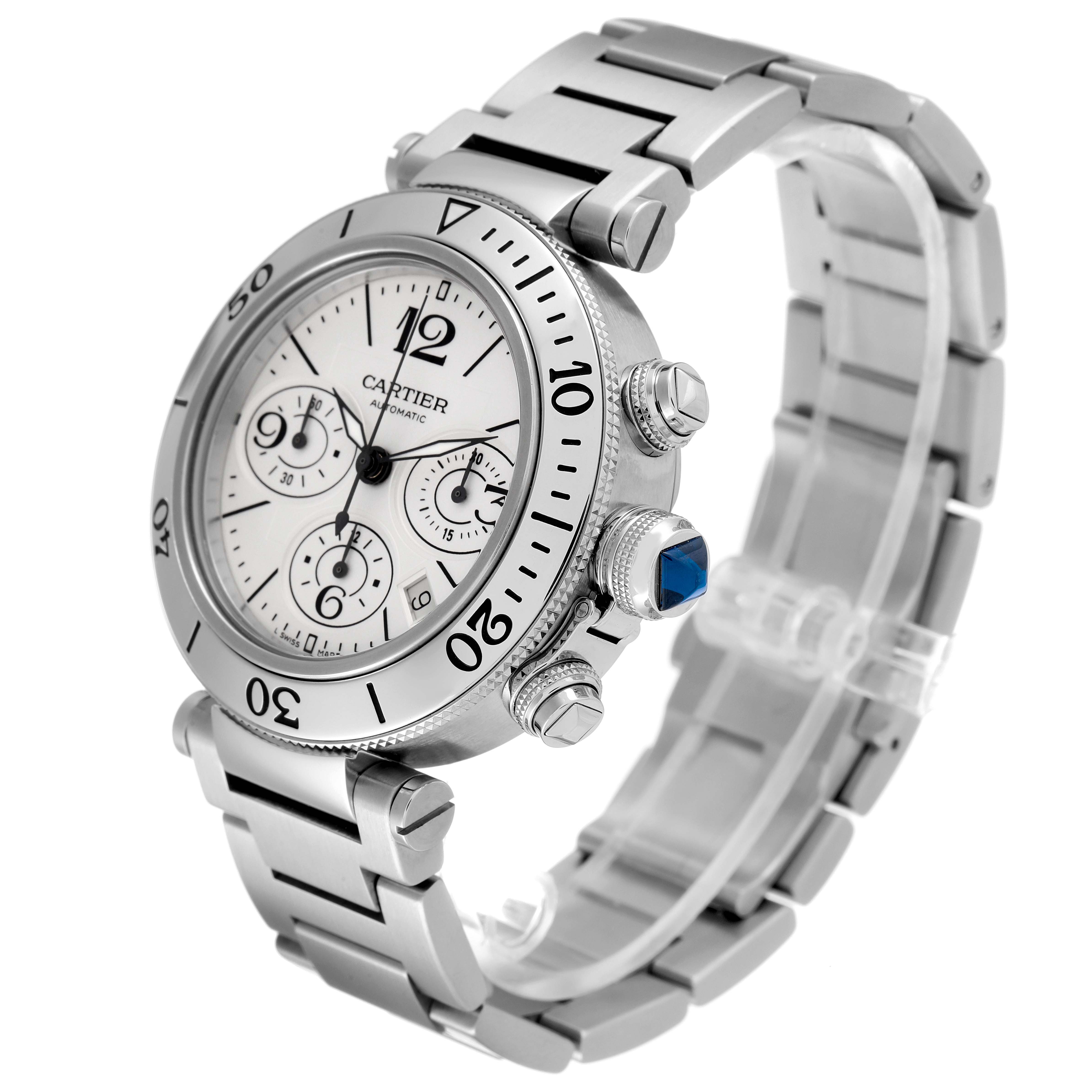 The Cartier Pasha W31089M7 Men
s Stainless Steel Silver Dial W31089M7 Men
s Stainless Steel Silver Dial watch is shown from a three-quarter angle, highlighting its face, bezel, crown, and stainless steel bracelet.