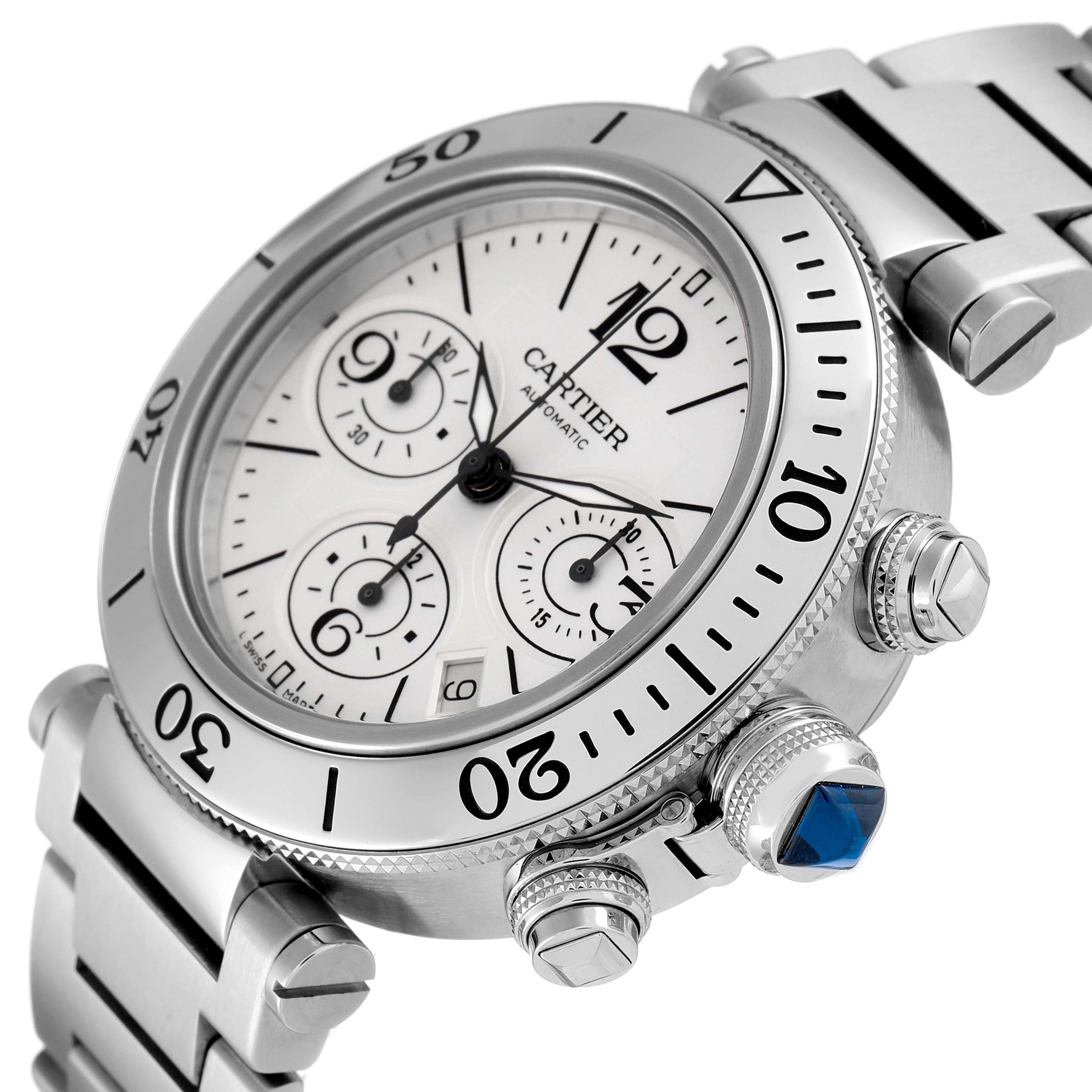 The Cartier Pasha W31089M7 Men
s Stainless Steel Silver Dial W31089M7 Men
s Stainless Steel Silver Dial watch is shown at an angle highlighting the dial, bezel, and crown with a blue jewel.