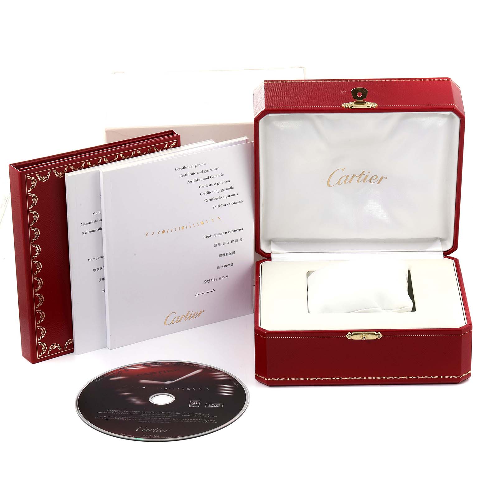This image shows the accessories for a Cartier Pasha W31089M7 Men
s Stainless Steel Silver Dial W31089M7 Men
s Stainless Steel Silver Dial watch, including the box, manual, certificates, and a CD, viewed from the front.