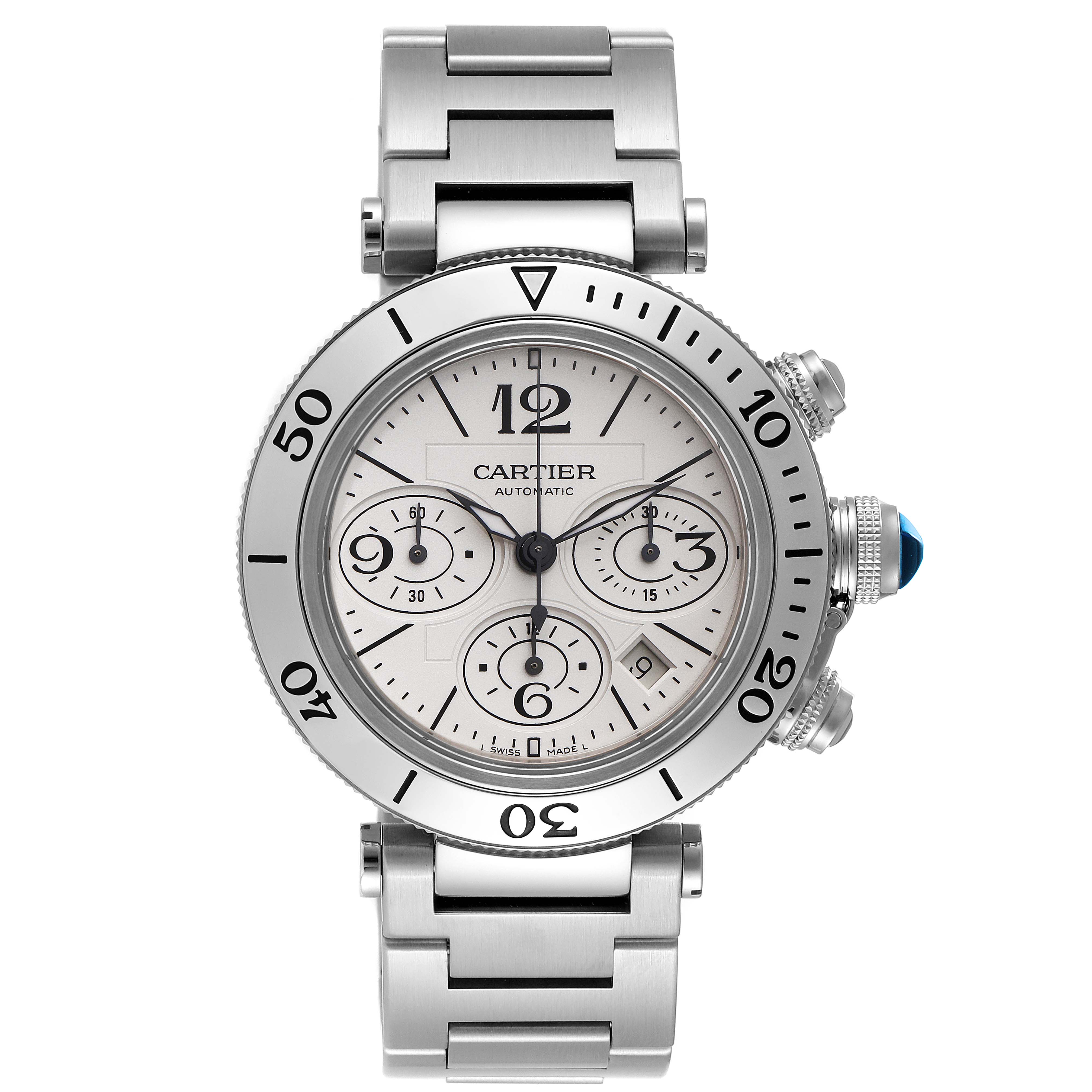 The image shows a frontal view of a Cartier Pasha W31089M7 Men
s Stainless Steel Silver Dial W31089M7 Men
s Stainless Steel Silver Dial watch, displaying its face, bezel, and stainless steel bracelet.