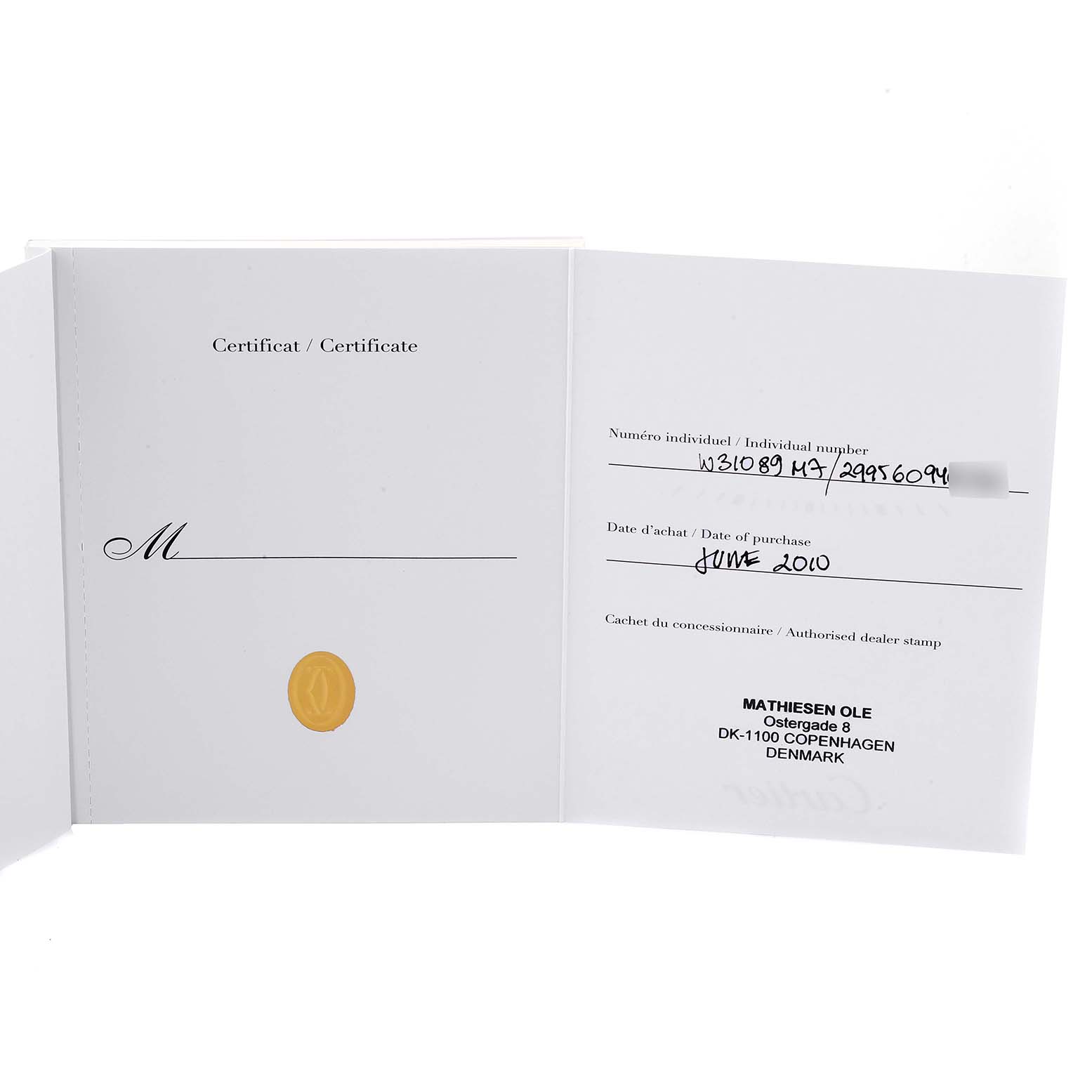 The image shows the certificate of Best Quality
ity for a Cartier Pasha W31089M7 Men
s Stainless Steel Silver Dial W31089M7 Men
s Stainless Steel Silver Dial watch, detailing the individual number and purchase date.