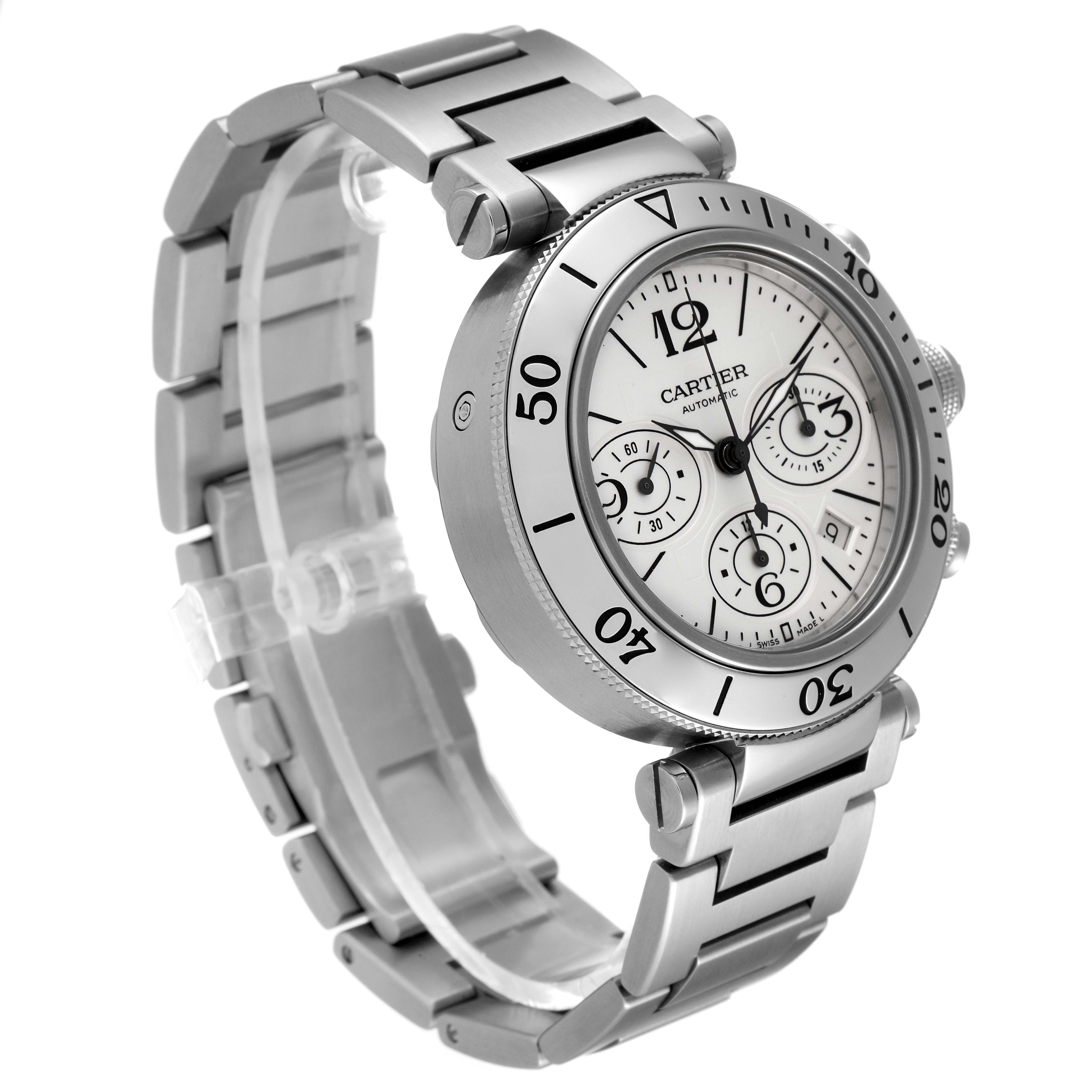 The image shows a side and partial front view of the Cartier Pasha W31089M7 Men
s Stainless Steel Silver Dial W31089M7 Men
s Stainless Steel Silver Dial watch, highlighting the bezel, dial, and metal bracelet.
