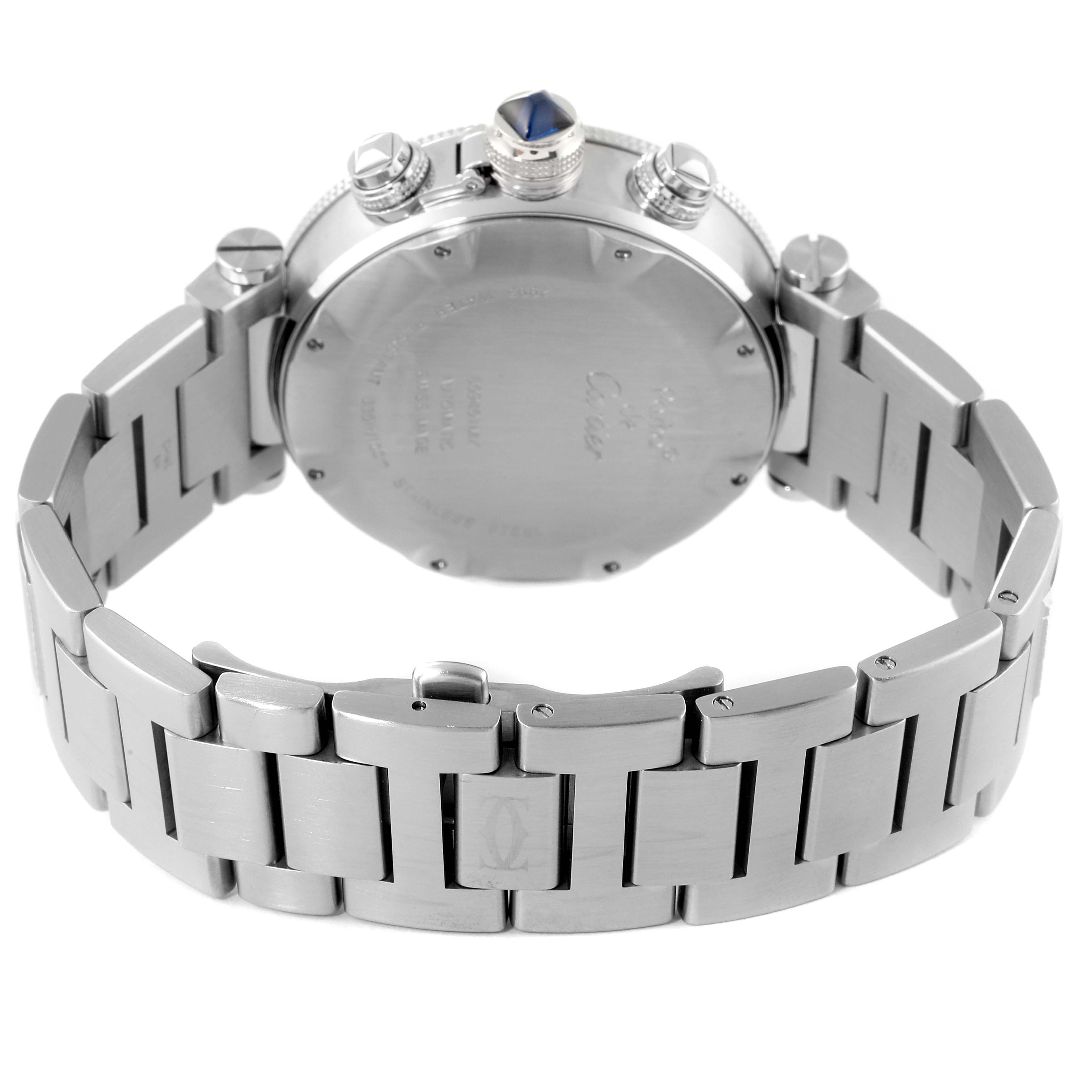 The image shows the back case, crown, and bracelet of a Cartier Pasha W31089M7 Men
s Stainless Steel Silver Dial W31089M7 Men
s Stainless Steel Silver Dial watch at a slight angle.