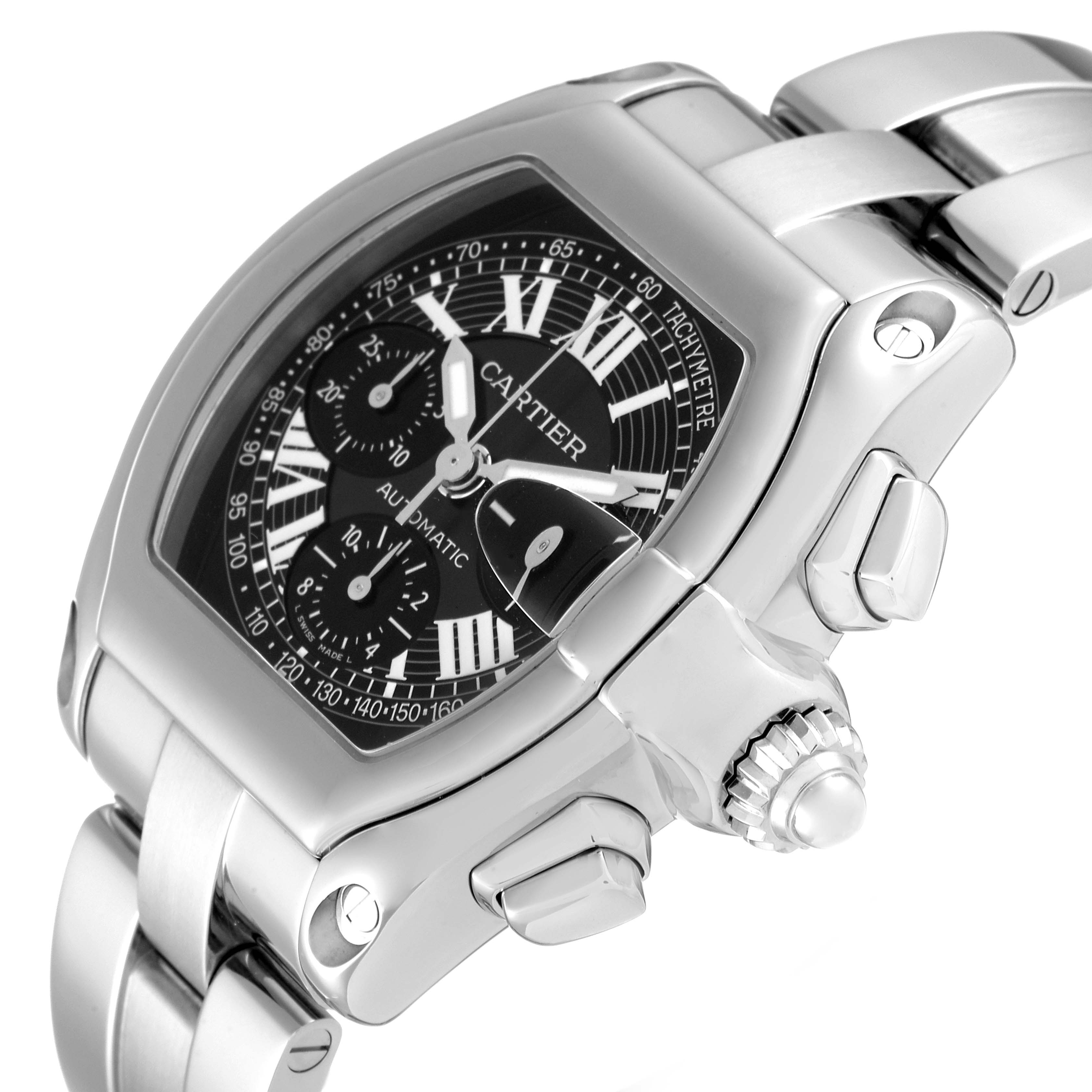 The image shows a close-up angled view of the Cartier Roadster W62007X6 Men's Stainless Steel Black Dial W62007X6 Men's Stainless Steel Black Dial watch, highlighting the face, crown, and a portion of the band.