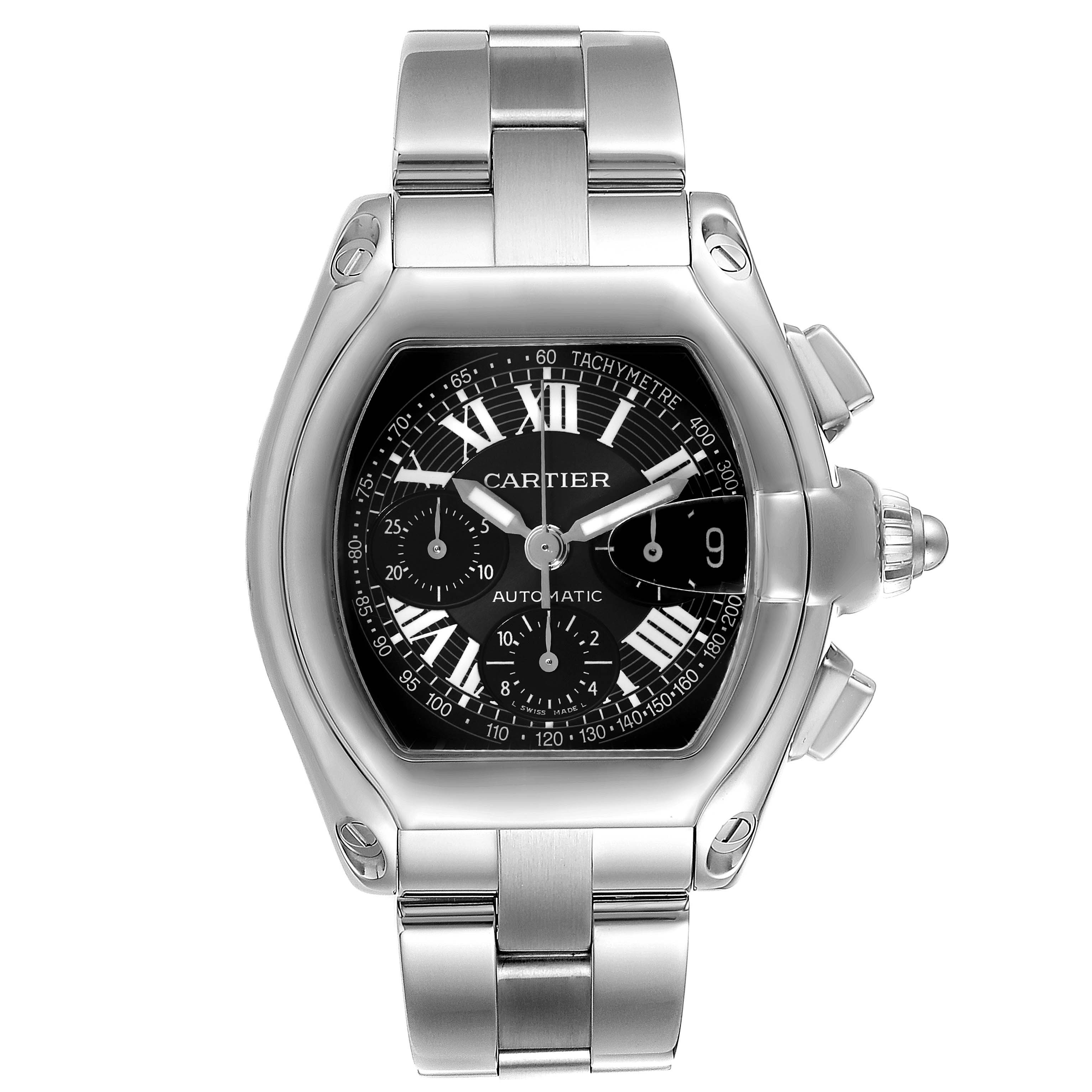 The image shows a frontal view of the Cartier Roadster W62007X6 Men's Stainless Steel Black Dial W62007X6 Men's Stainless Steel Black Dial watch, highlighting its face, bracelet, and crown.