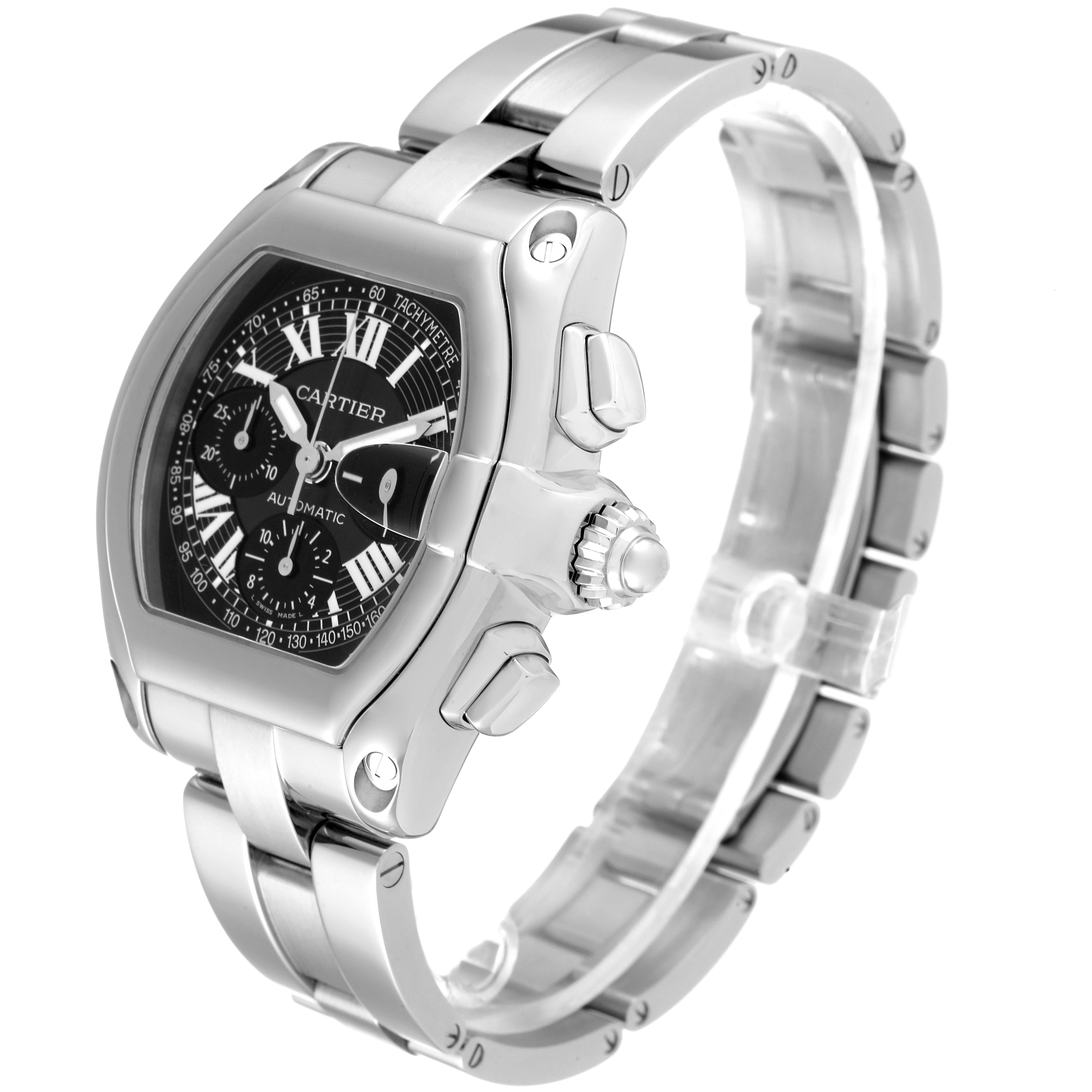 This image shows a side perspective of the Cartier Roadster W62007X6 Men's Stainless Steel Black Dial W62007X6 Men's Stainless Steel Black Dial watch, featuring its black dial, stainless steel case, and bracelet.