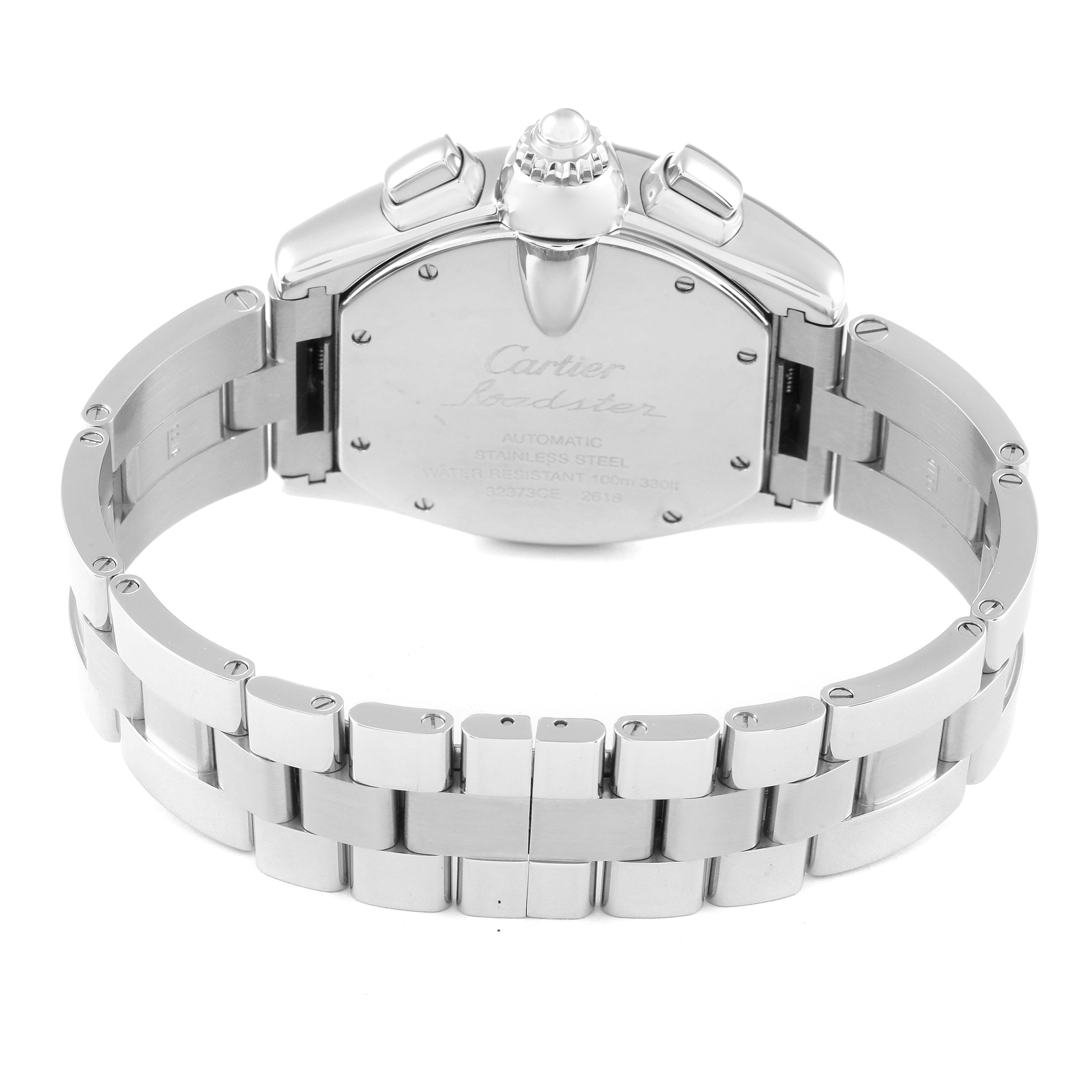 The image shows the rear view of a Cartier Roadster W62007X6 Men's Stainless Steel Black Dial W62007X6 Men's Stainless Steel Black Dial watch, highlighting the stainless steel bracelet and the case back.