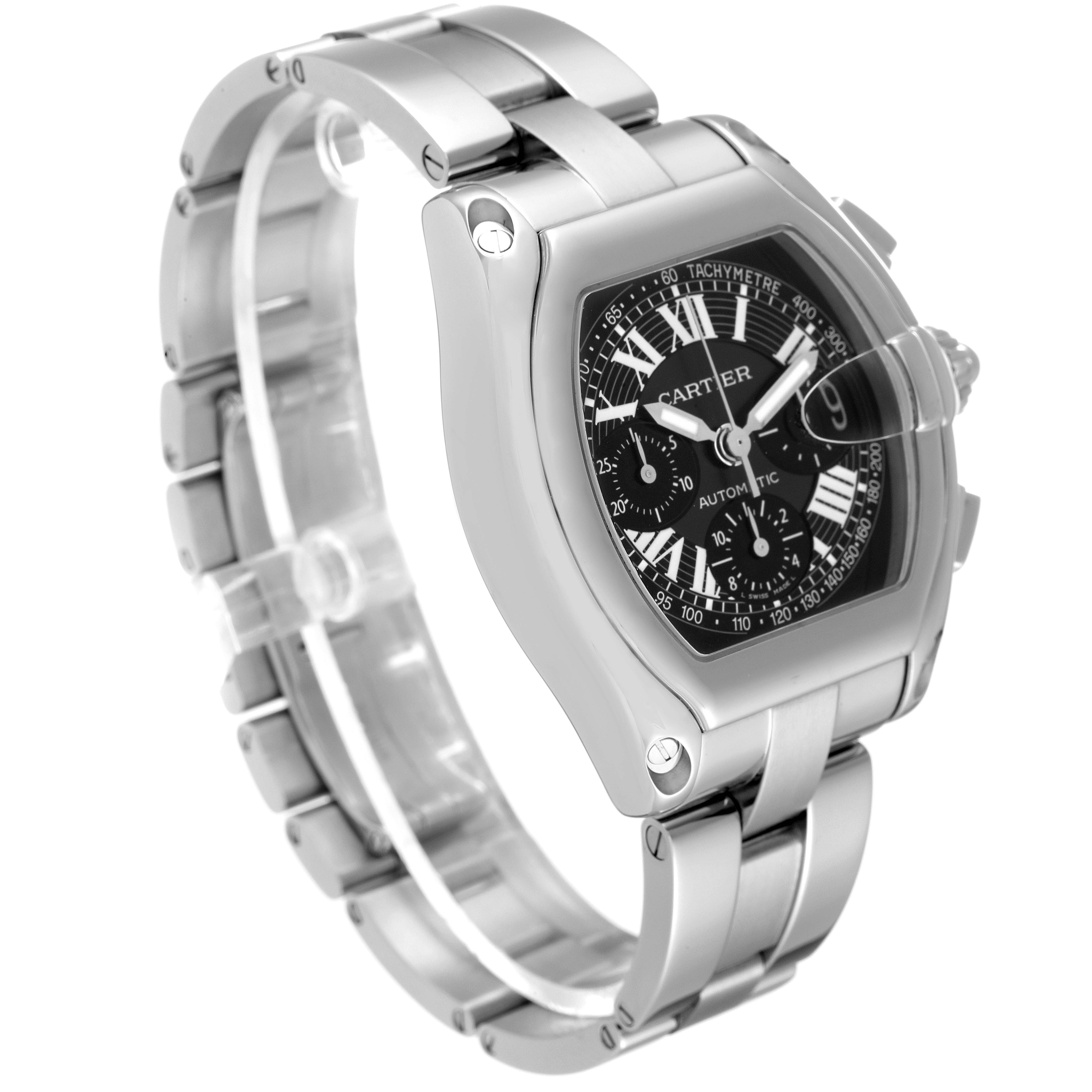 The image shows a side-angle view of a Cartier Roadster W62007X6 Men's Stainless Steel Black Dial W62007X6 Men's Stainless Steel Black Dial watch, highlighting the face, stainless steel band, and crown.