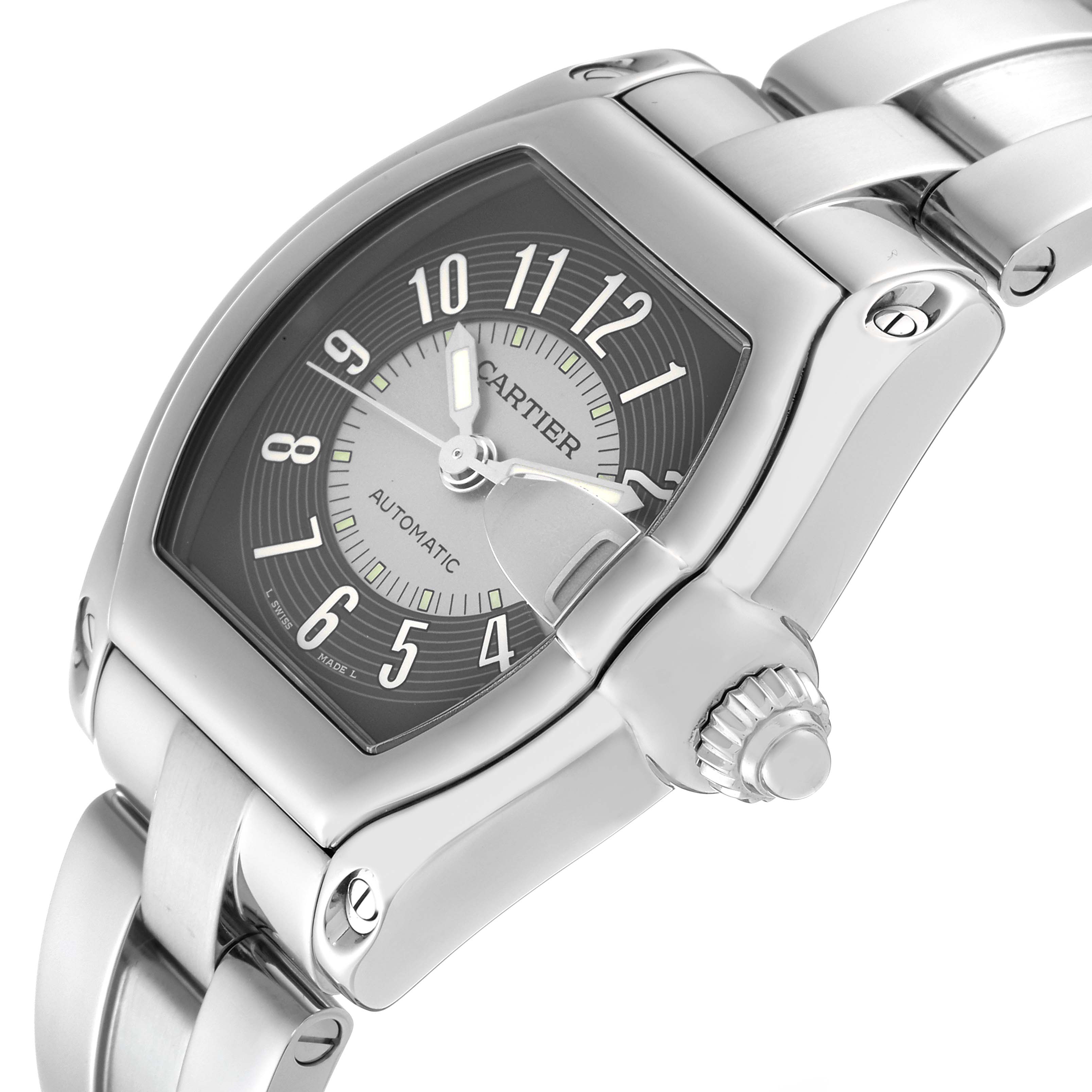 The image shows a Cartier Roadster W62001V3 Men's Stainless Steel Silver Dial W62001V3 Men's Stainless Steel Silver Dial watch at a tilted angle focusing on the face, bezel, crown, and part of the bracelet.