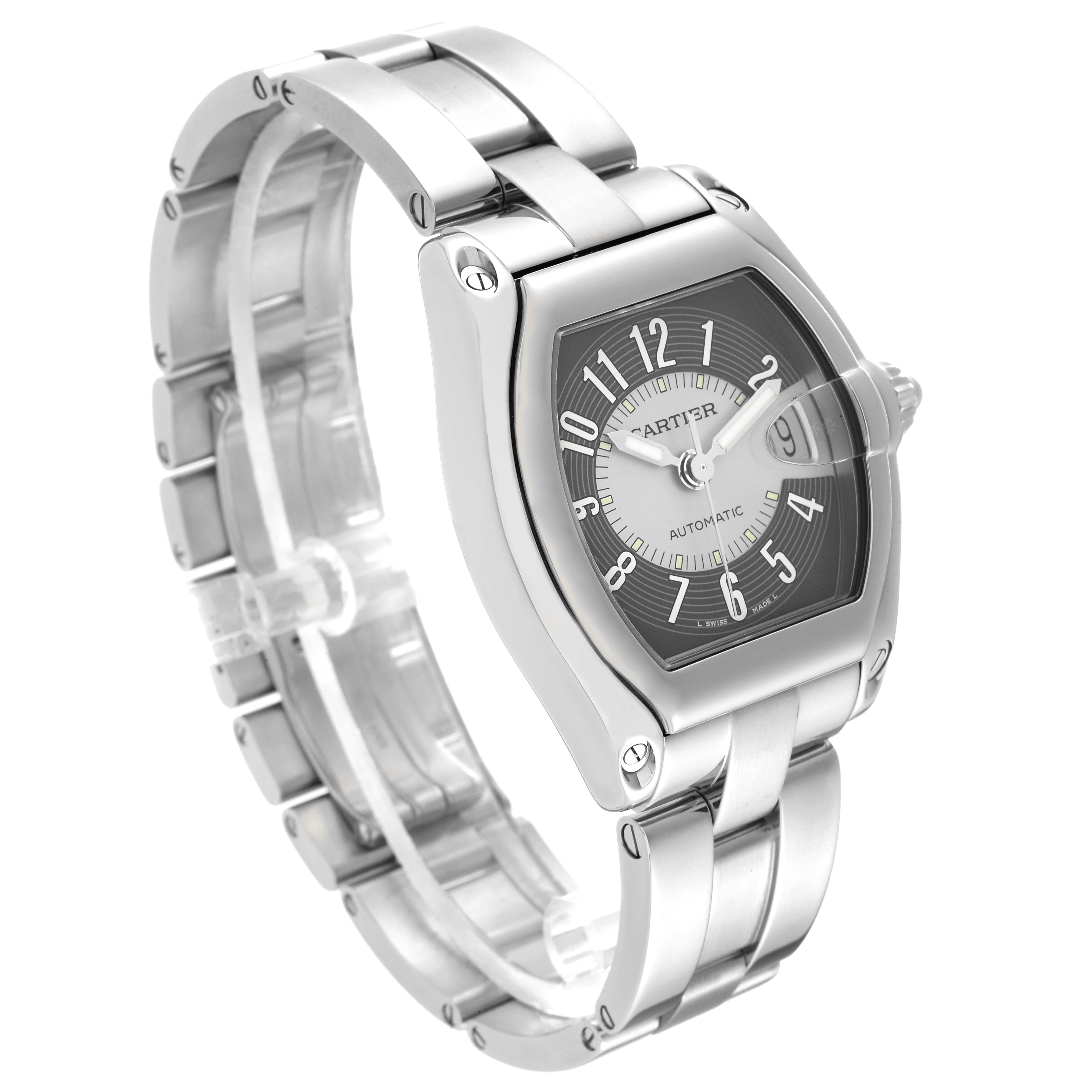 This image shows a three-quarter angle of the Cartier Roadster W62001V3 Men's Stainless Steel Silver Dial W62001V3 Men's Stainless Steel Silver Dial watch, highlighting its face, bezel, crown, and metal bracelet.