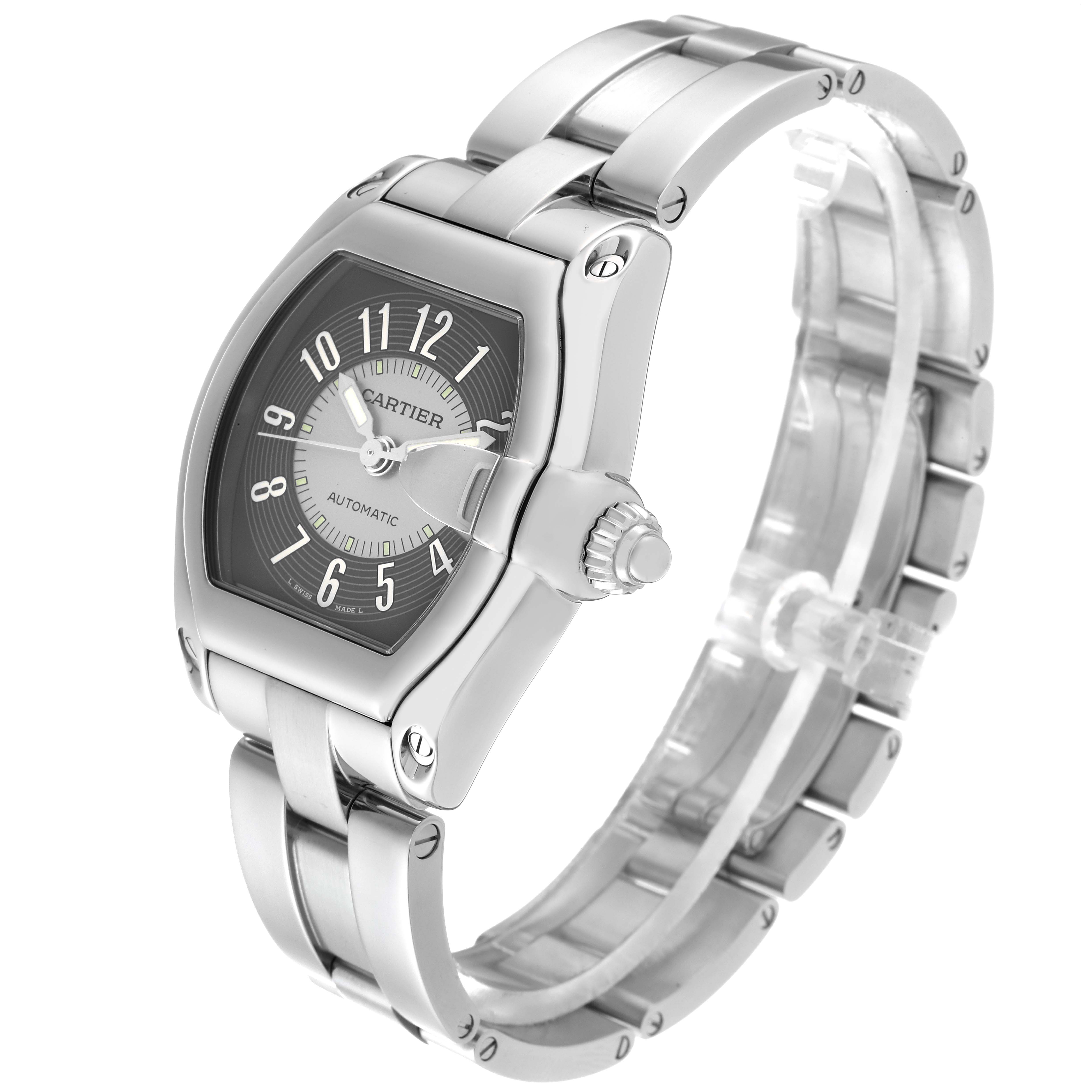 The image shows a Cartier Roadster W62001V3 Men's Stainless Steel Silver Dial W62001V3 Men's Stainless Steel Silver Dial watch at an angle highlighting the dial, case, and bracelet.