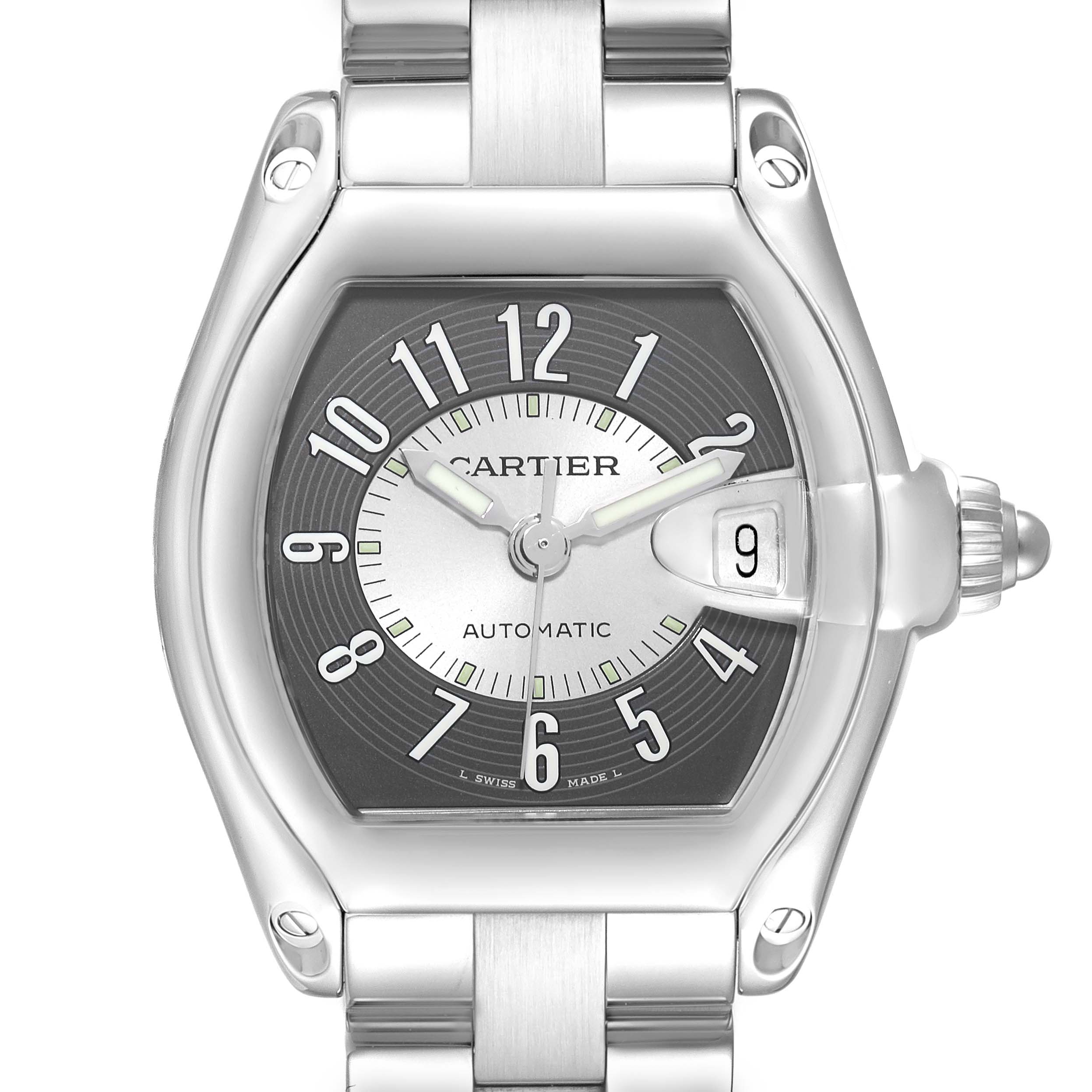 This image shows a front view of the Cartier Roadster W62001V3 Men's Stainless Steel Silver Dial W62001V3 Men's Stainless Steel Silver Dial watch, displaying its dial, hands, date window, and stainless steel bracelet.